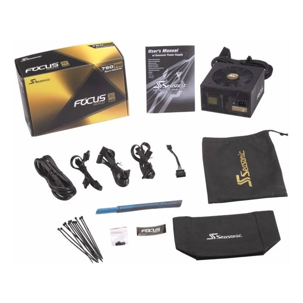 Un kit di alimentazione per computer. Include scatola, alimentatore, cavi, manuali e accessori, tutti con i marchi Seasonic e Focus.