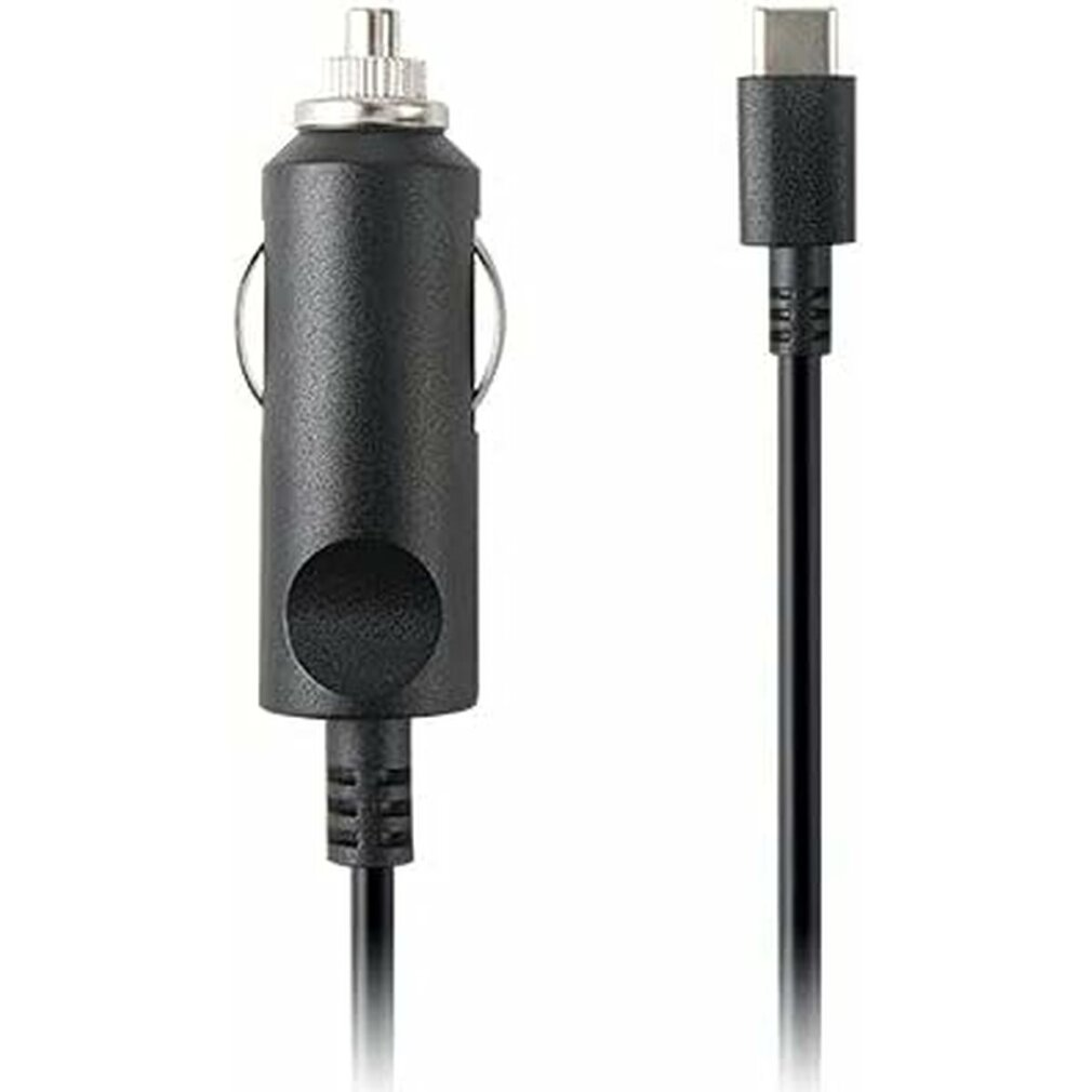 Chargeur de voiture noir et câble USB-C. Le chargeur a un dessus argenté et un trou rond. Le câble est droit et noir.
