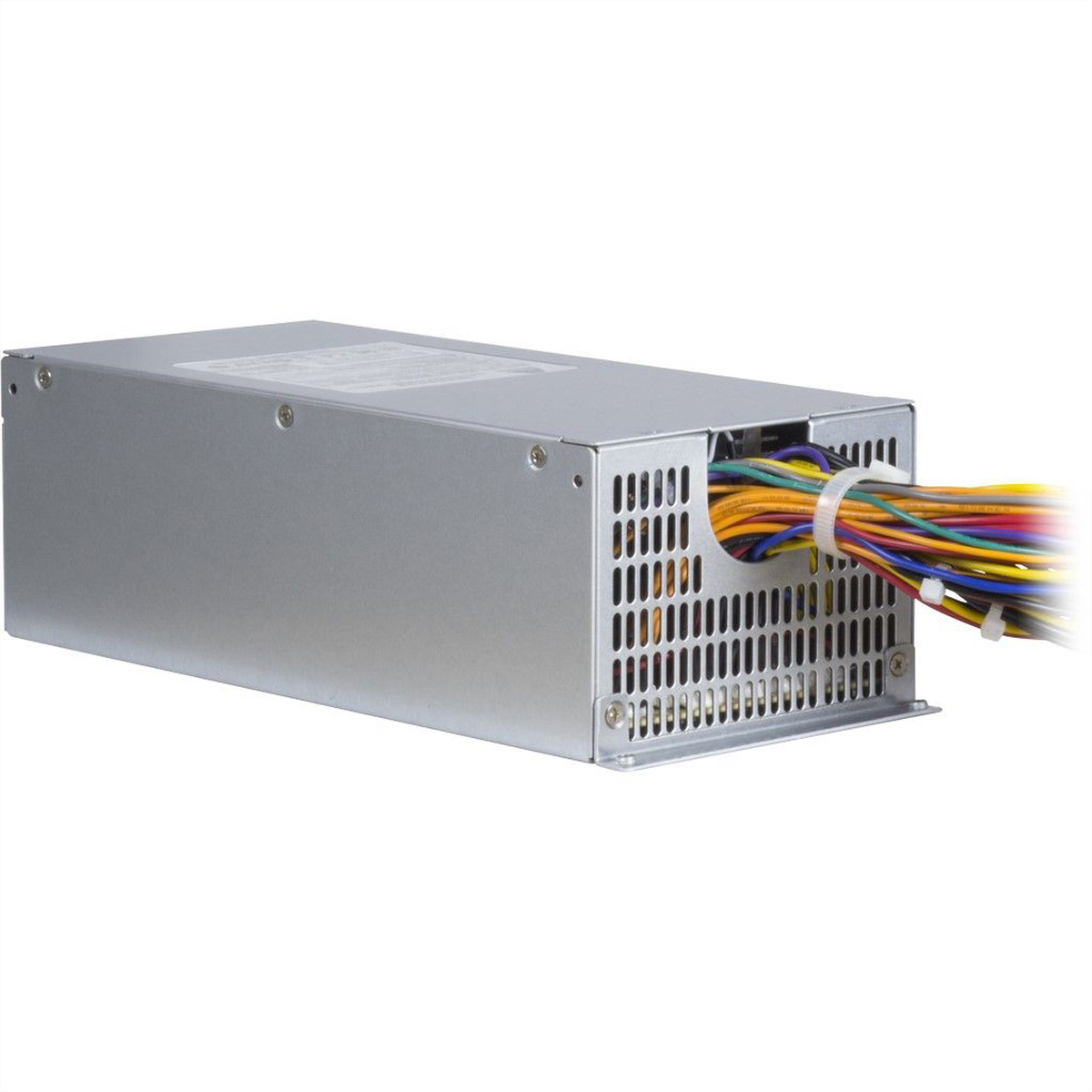 Un alimentatore per computer argentato con un fascio di fili colorati che si estendono dal suo lato. I fili sono legati insieme con una fascetta bianca.