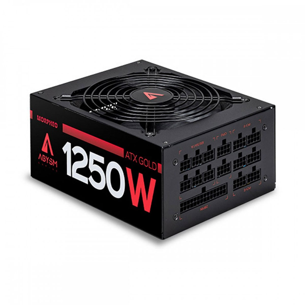 Un alimentatore per computer (PSU) nero con ventola e testo rosso e bianco sul lato che indica il marchio e la potenza.