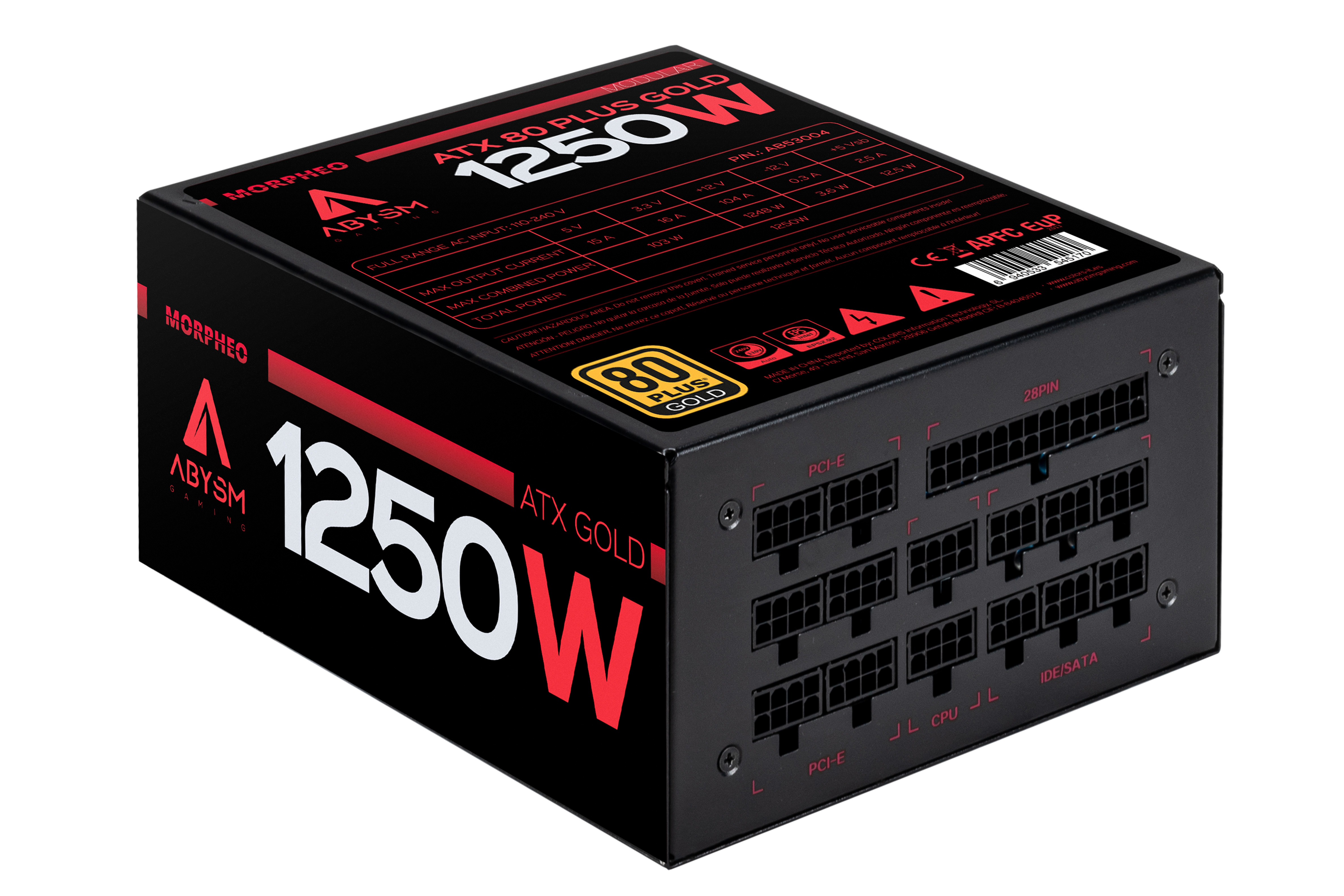 Un alimentatore nero con testo bianco e rosso e varie porte di connessione.