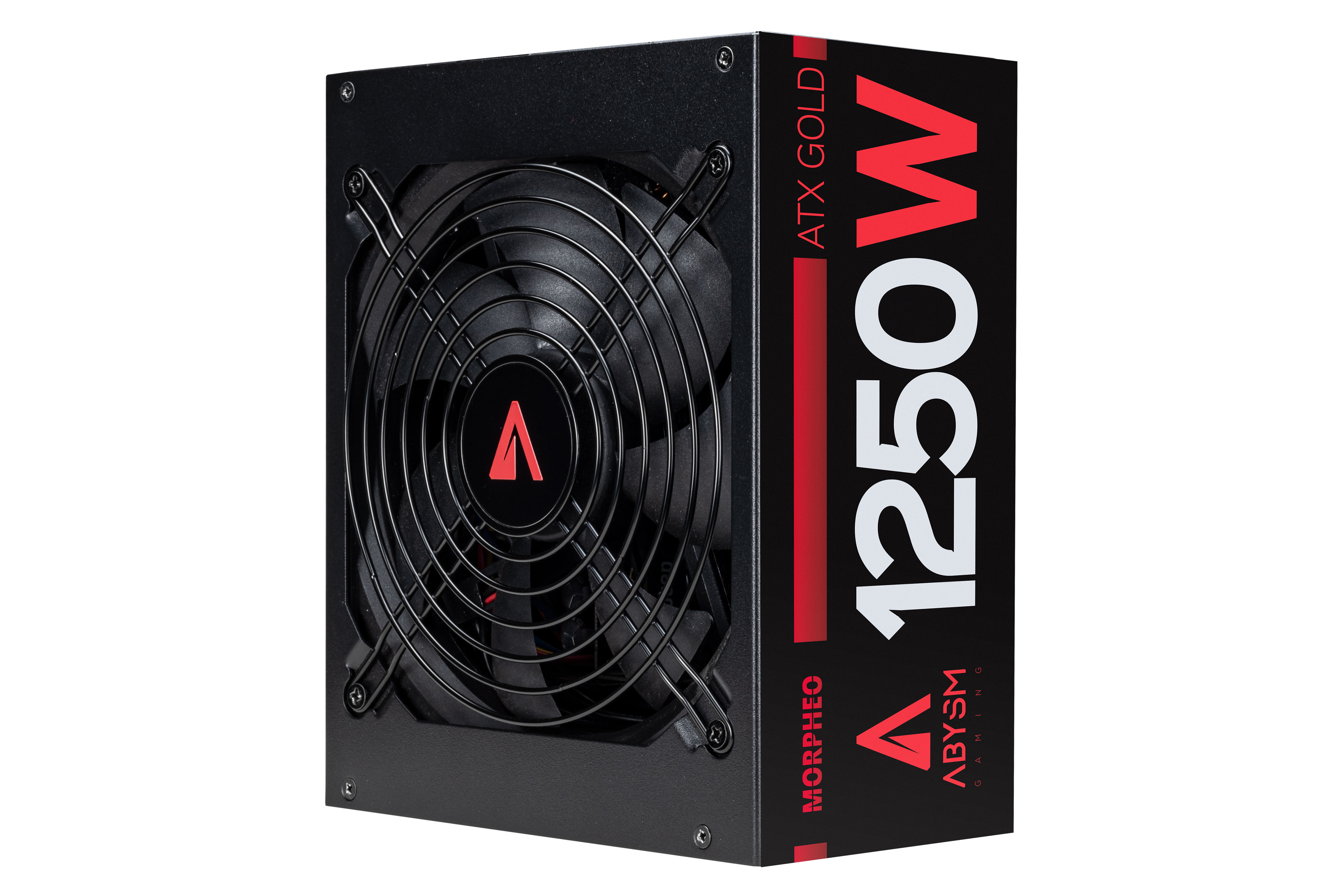 Alimentatore nero con ventola. Logo rosso e testo '1250W'. Etichetta 'ATX GOLD'. Marchio Morpheo ABYSM.