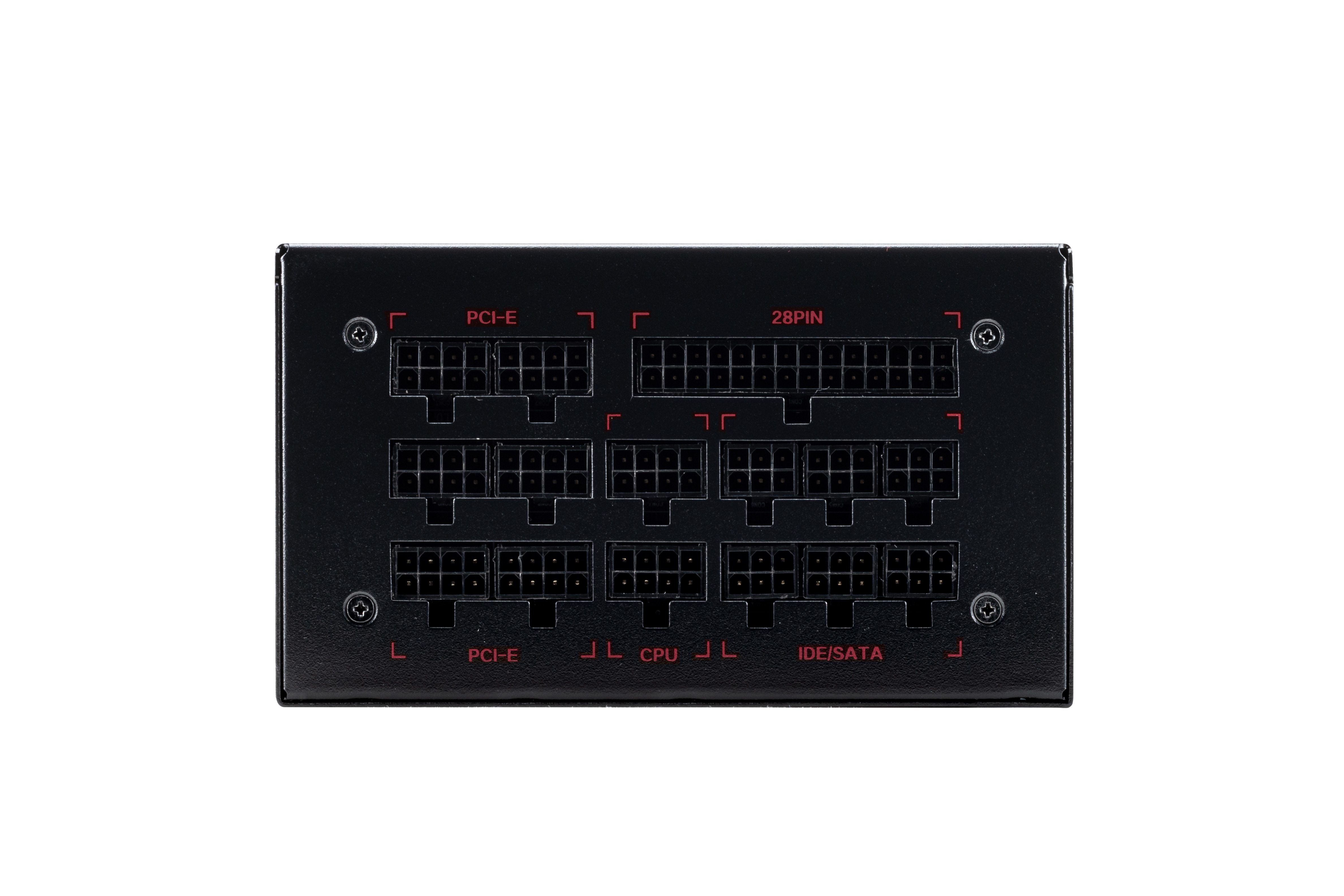 Un alimentatore nero con varie porte connettore etichettate PCI-E, CPU e IDE/SATA, su sfondo bianco.