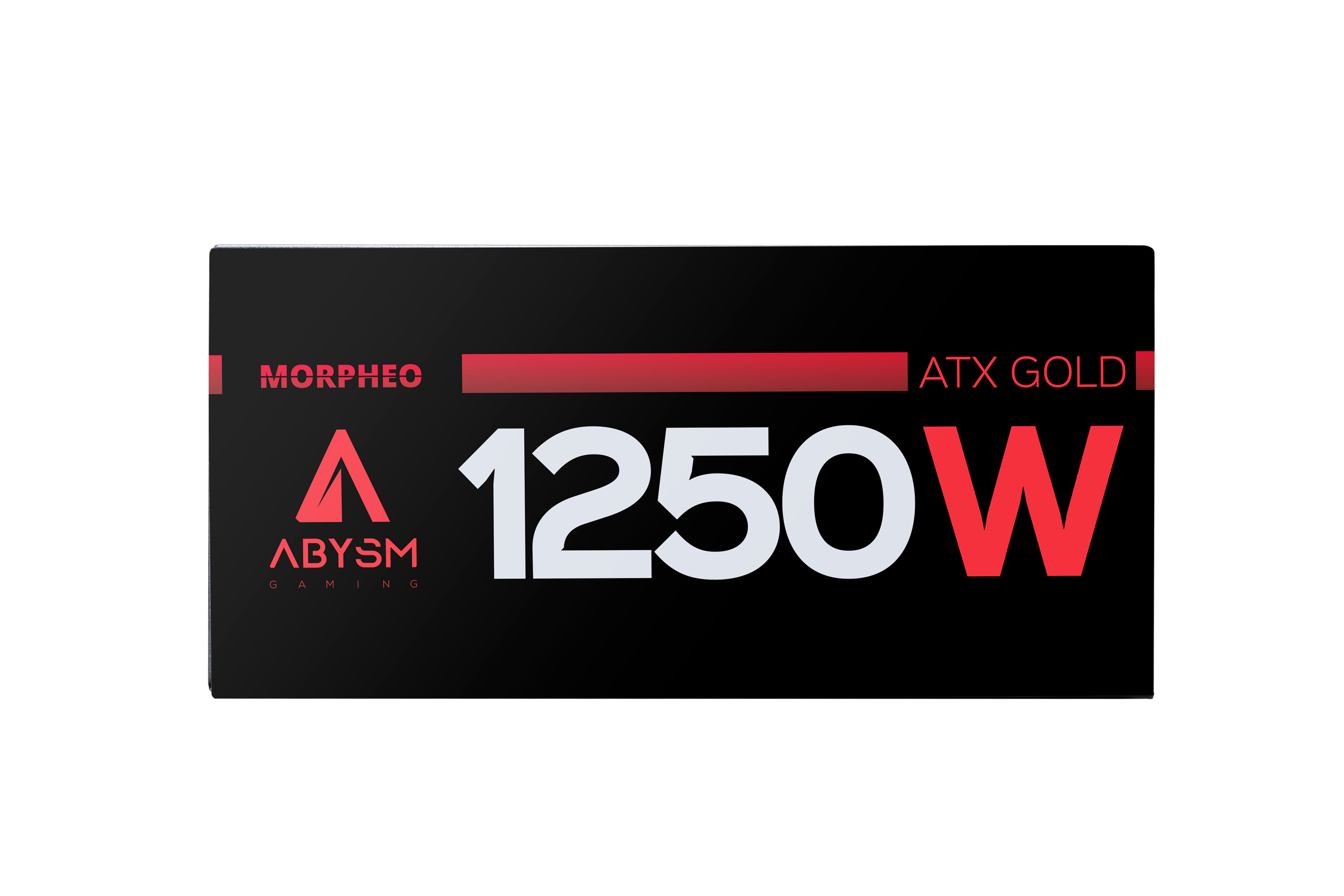 Una scatola nera con testo bianco e rosso. Dice Morpheo, ABYSM GAMING, 1250W e ATX GOLD.