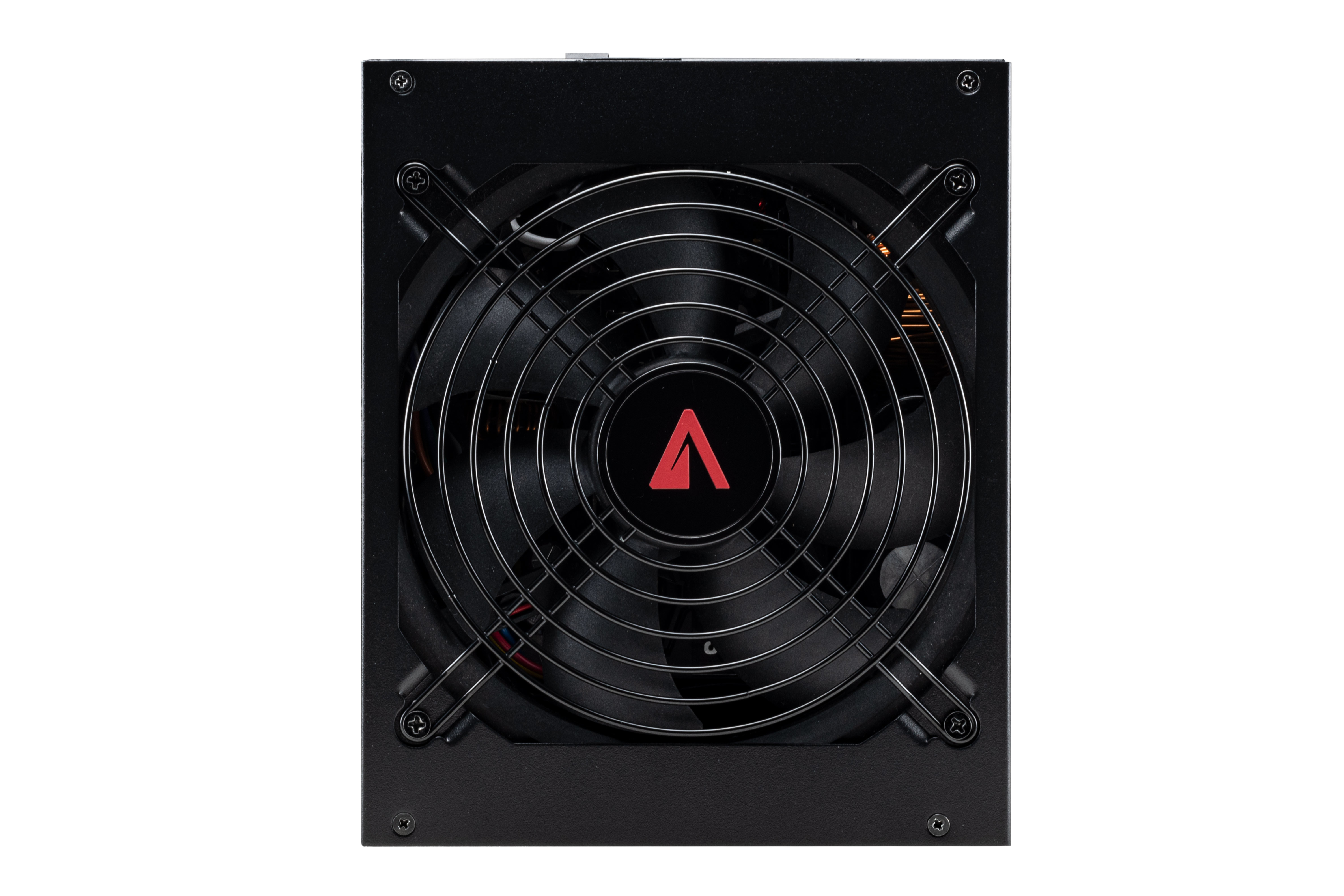Alimentatore per computer nero. Ha una ventola protetta da una griglia metallica e un logo rosso al centro.