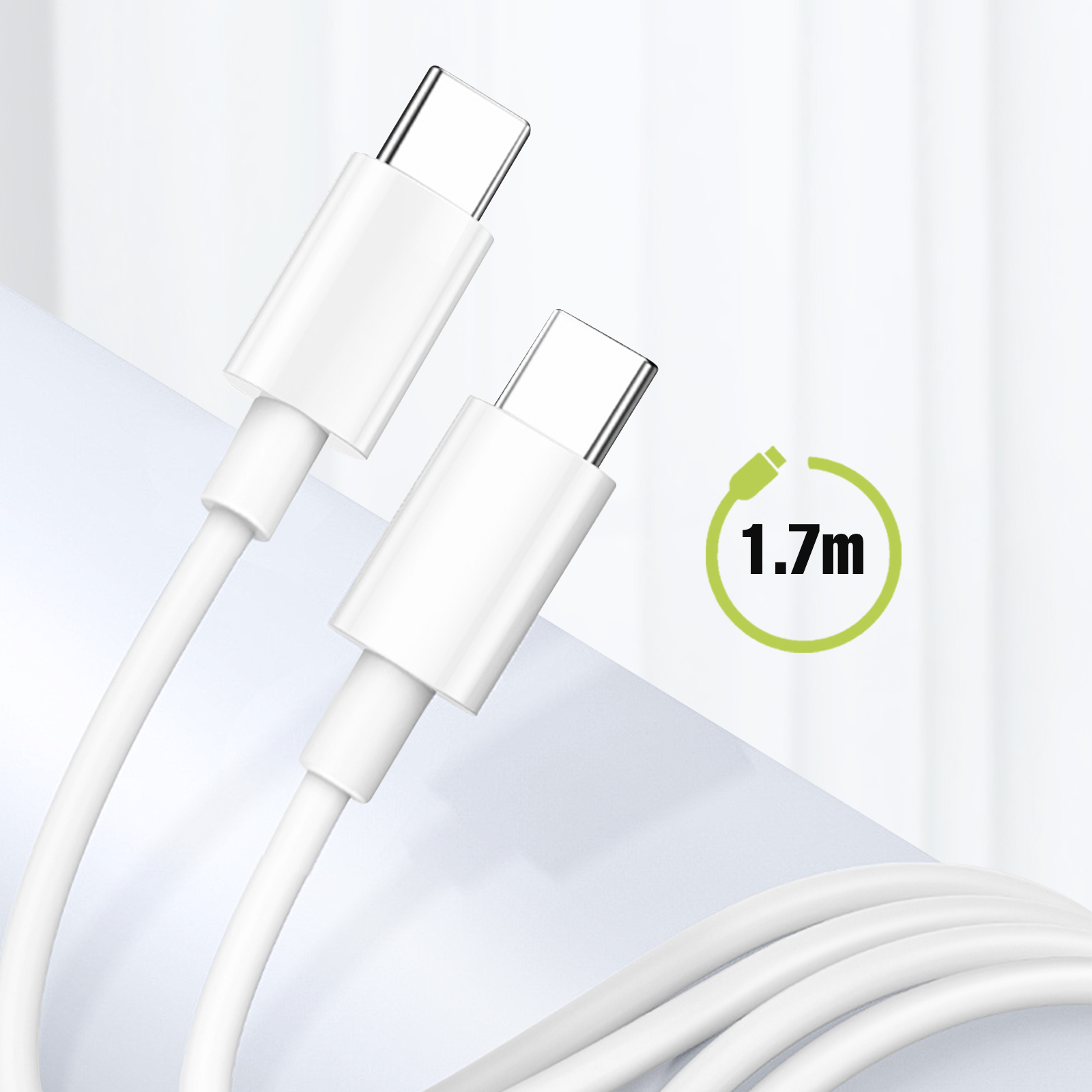 Cavi USB-C bianchi su sfondo chiaro. Un cerchio verde con testo 1,7 m è a destra.