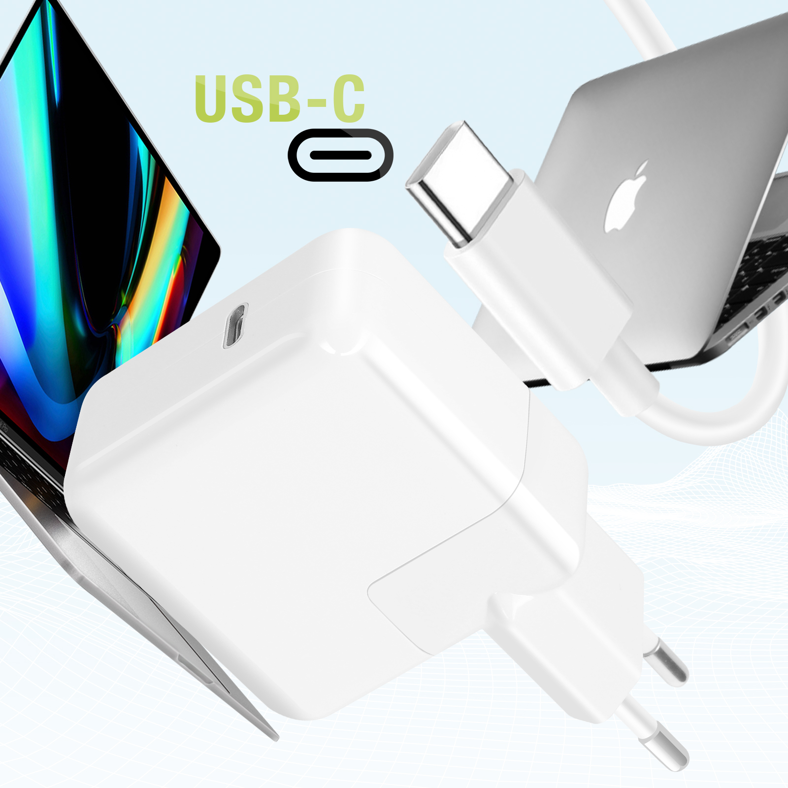 Caricabatterie USB-C bianco con laptop e cavo, tutto su sfondo azzurro con logo USB-C.