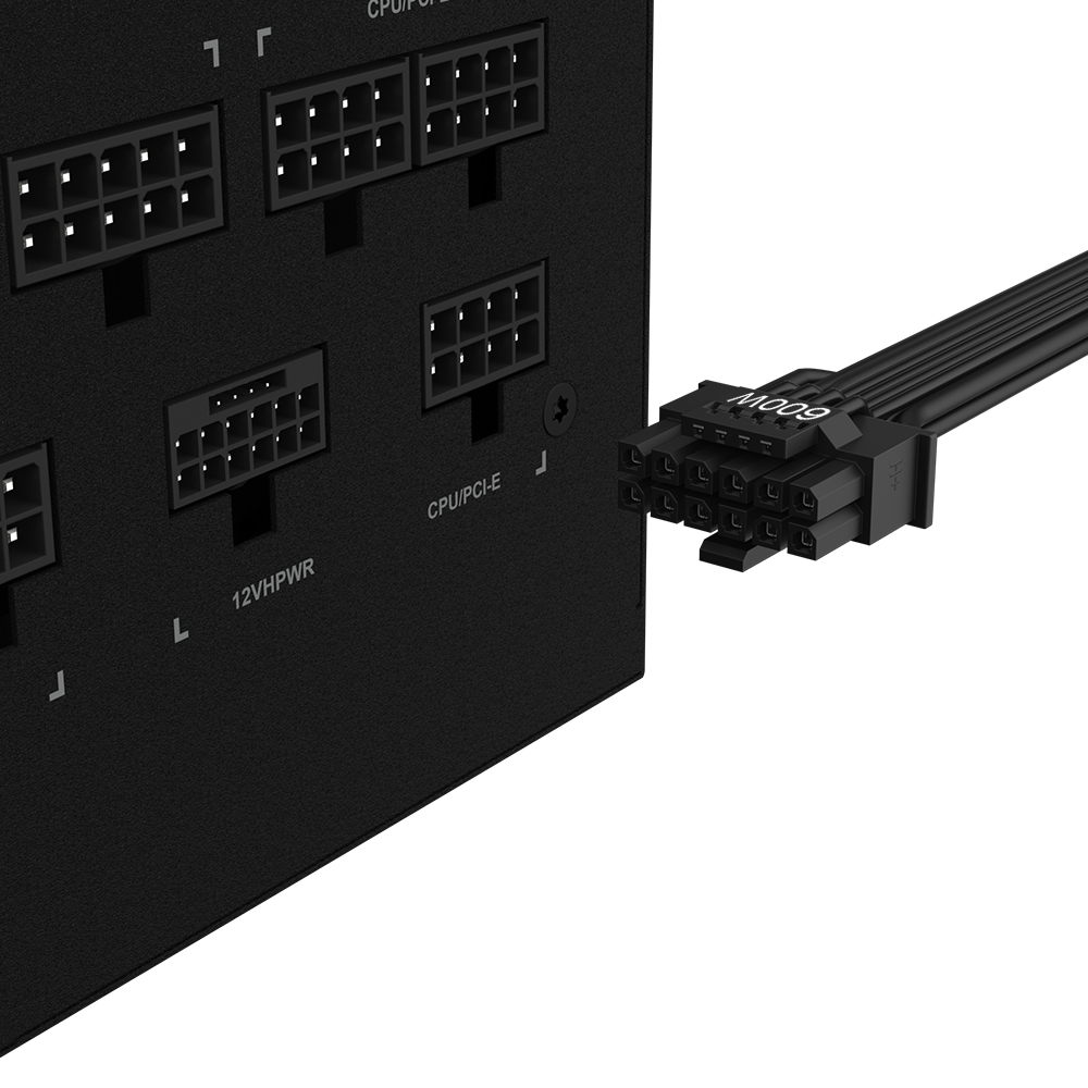 Un alimentatore nero con varie slot connettore. Un cavo nero con un connettore è collegato. Sfondo bianco.