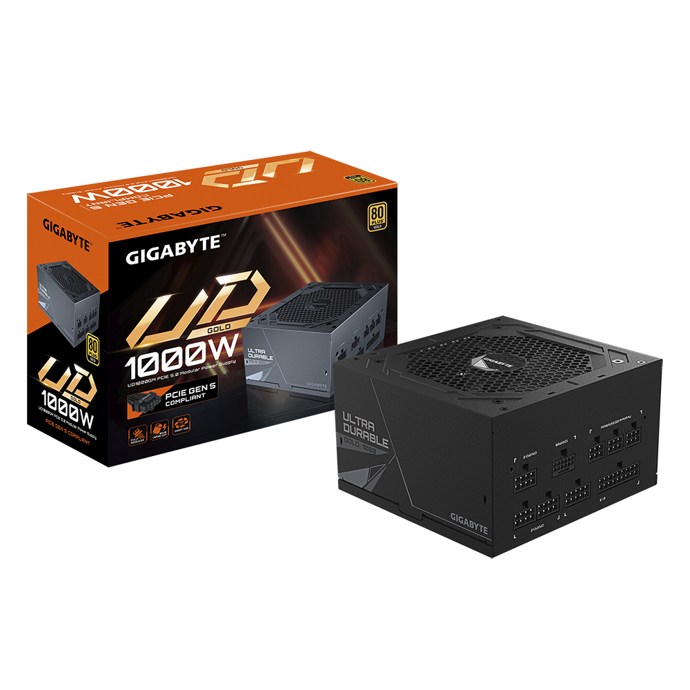 Un alimentatore nero Gigabyte UD 1000W e la sua scatola sono esposti. La scatola è arancione e nera con dettagli.