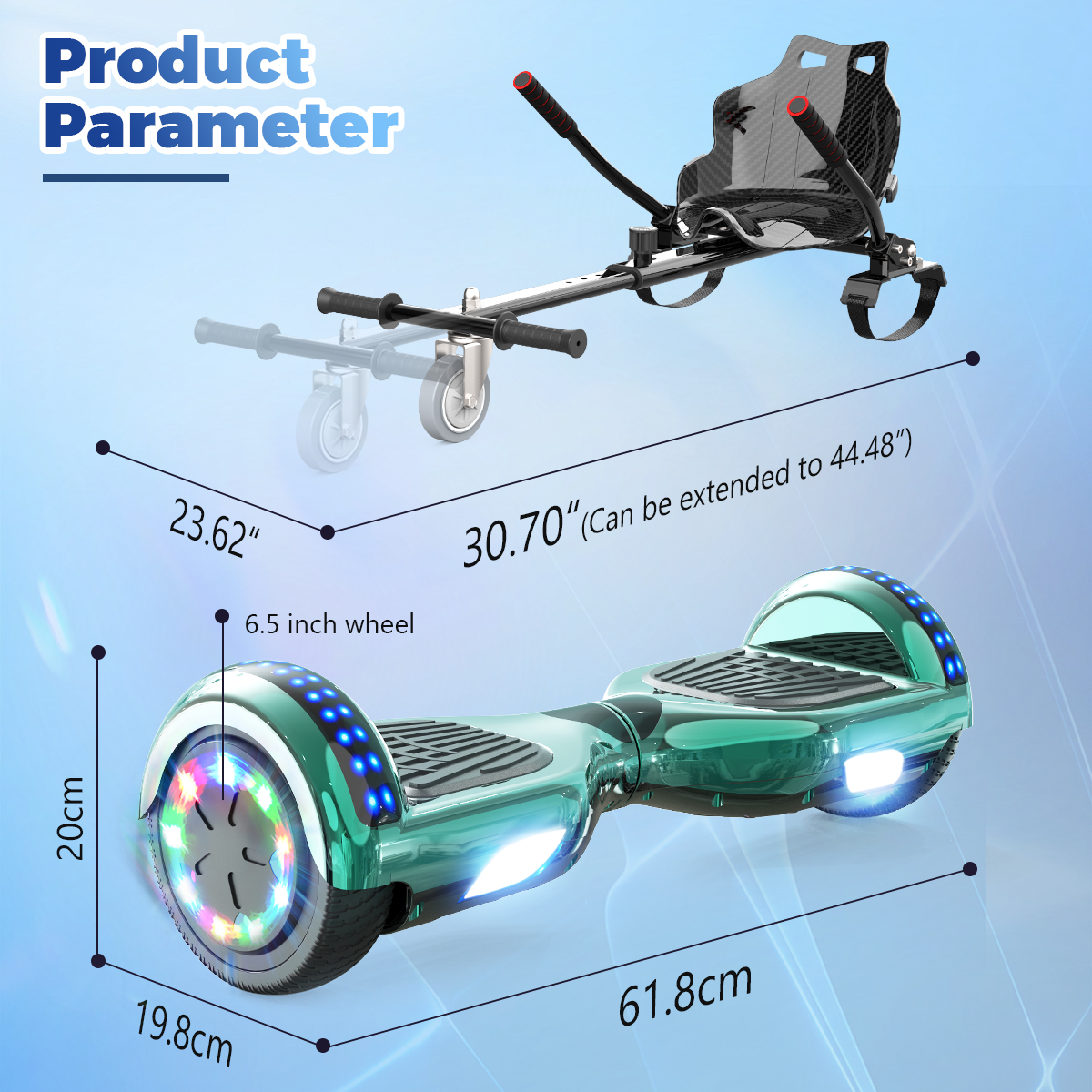 Een afbeelding toont een groen hoverboard en een zitopzetstuk. Afmetingen en labels zijn inbegrepen, zoals de wielmaat en de totale lengte.