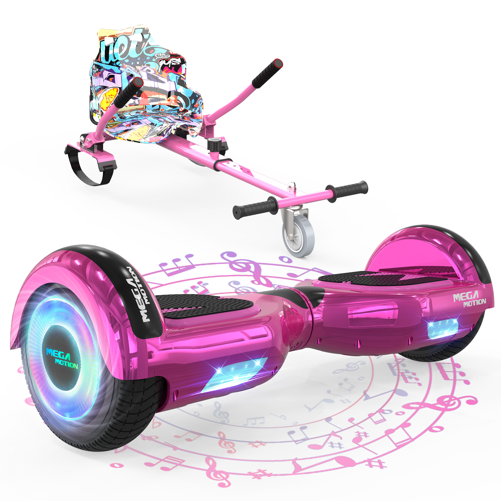 Een roze hoverboard en een roze kart. Het hoverboard heeft LED-verlichting. De kart heeft een met graffiti bedekte zitting. Muzieknoten op de achtergrond.