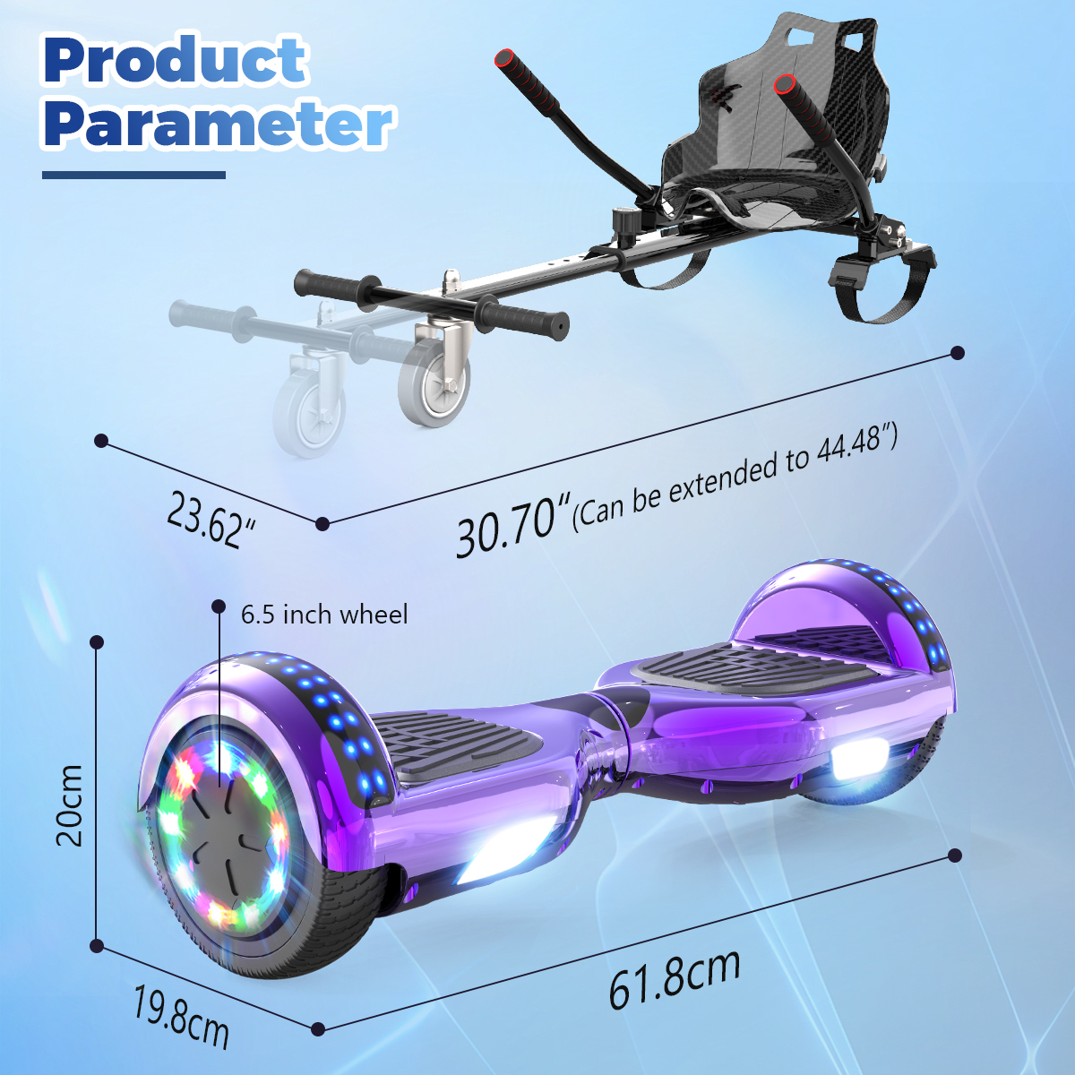Ein lila Hoverboard mit Sitzaufsatz. Abmessungen sind angegeben. Das Board hat Lichter. An der Seite befinden sich ein Rad und ein Griff.