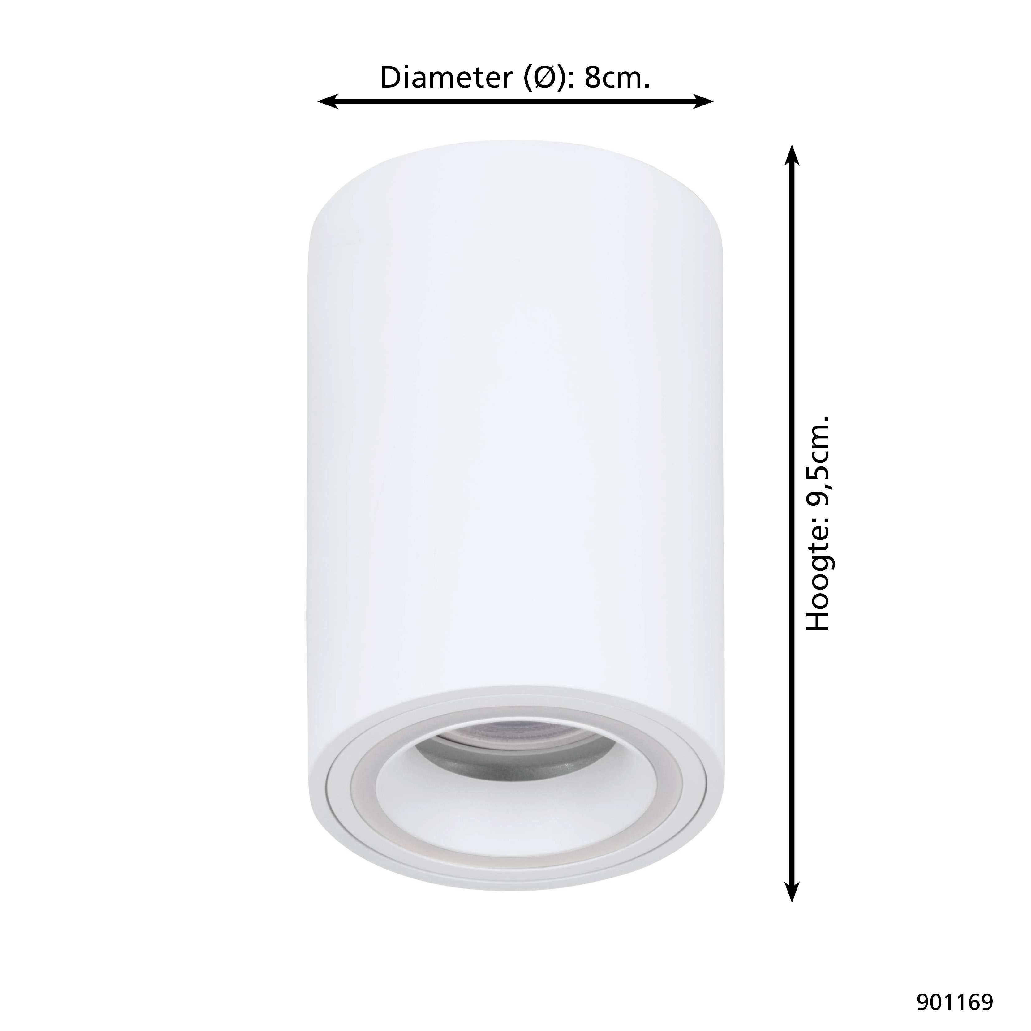Un faretto LED cilindrico bianco con dimensioni. Diametro 8cm, altezza 9,5cm. Lo sfondo è bianco.