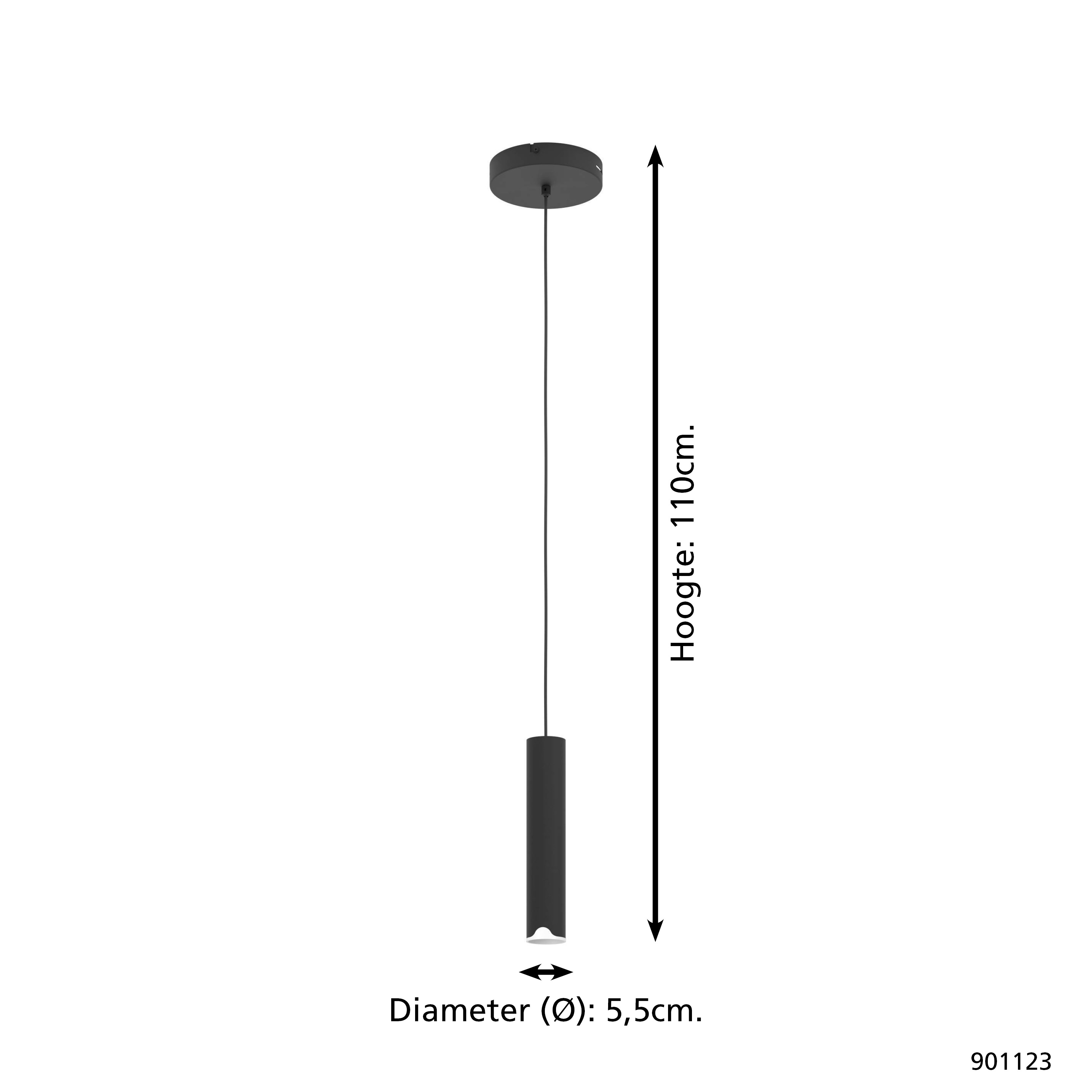 Una lampada a sospensione cilindrica nera è appesa al soffitto. Ha un diametro di 5,5 cm ed è lunga 110 cm.