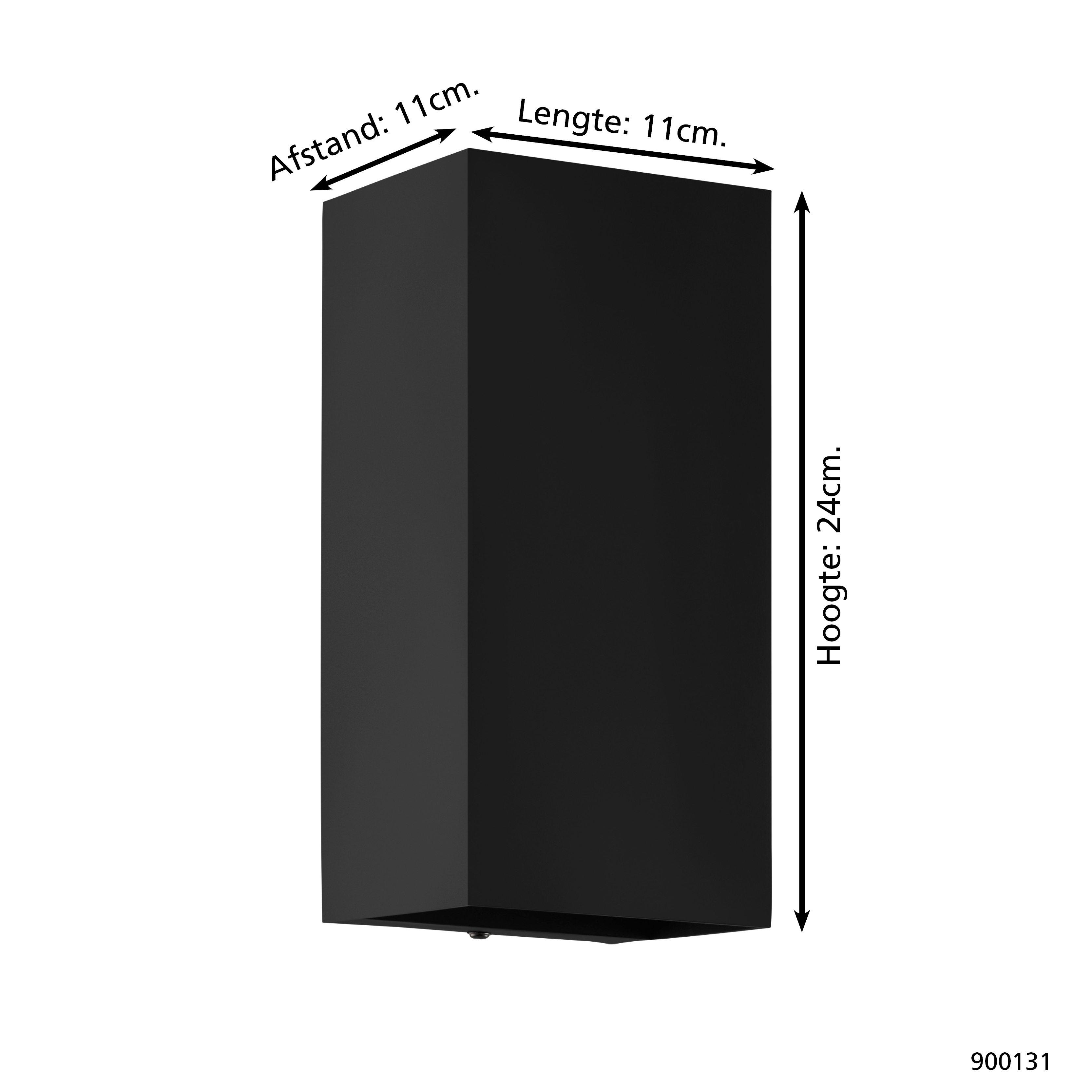 Una lampada da parete rettangolare nera. Dimensioni: 11 cm distanza, 11 cm lunghezza e 24 cm altezza.