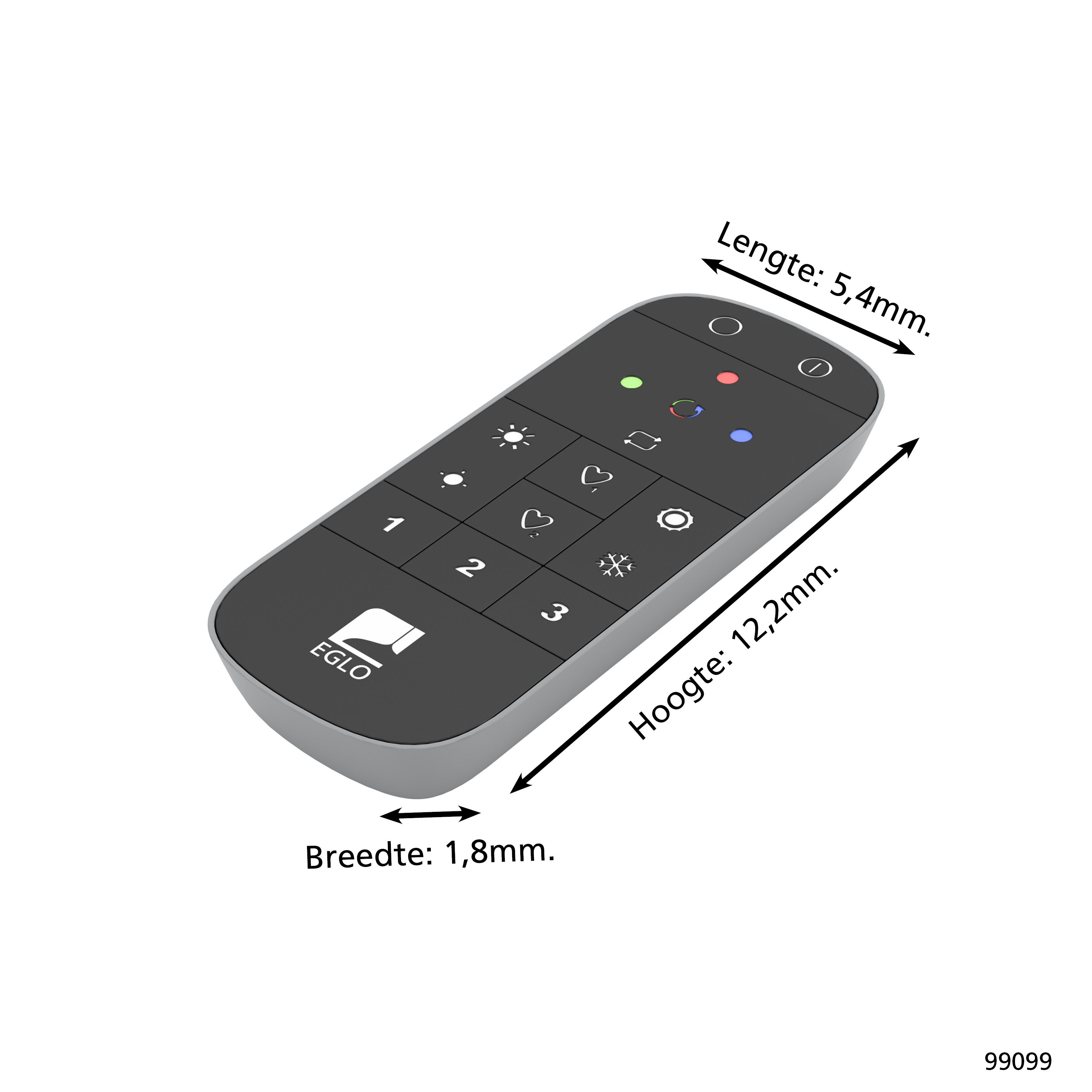 Un telecomando nero con pulsanti e icone. Le dimensioni sono indicate. Il marchio è EGLO.