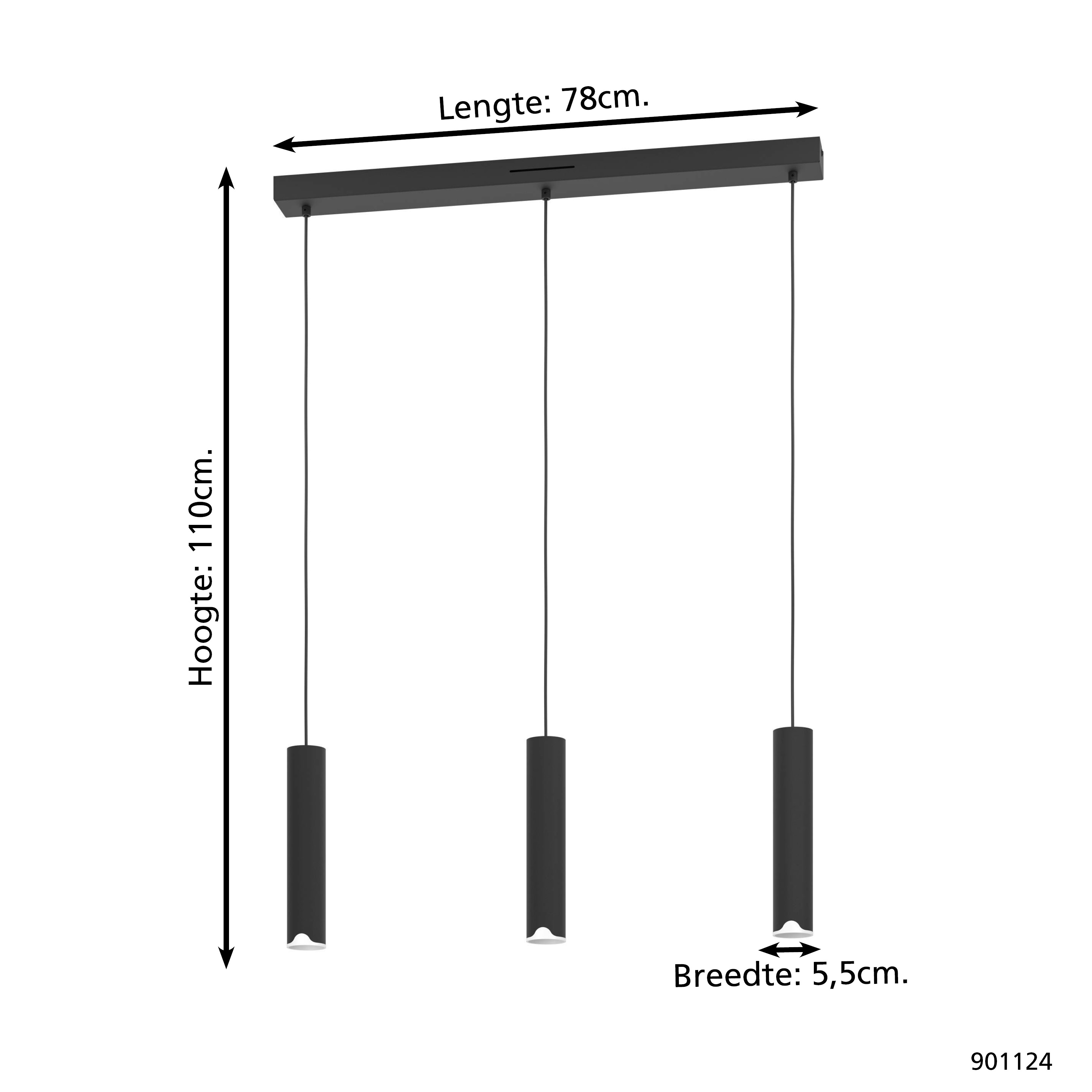 Una lampada a sospensione nera con tre luci cilindriche. Dimensioni: 78 cm di lunghezza, 110 cm di altezza e 5,5 cm di larghezza.