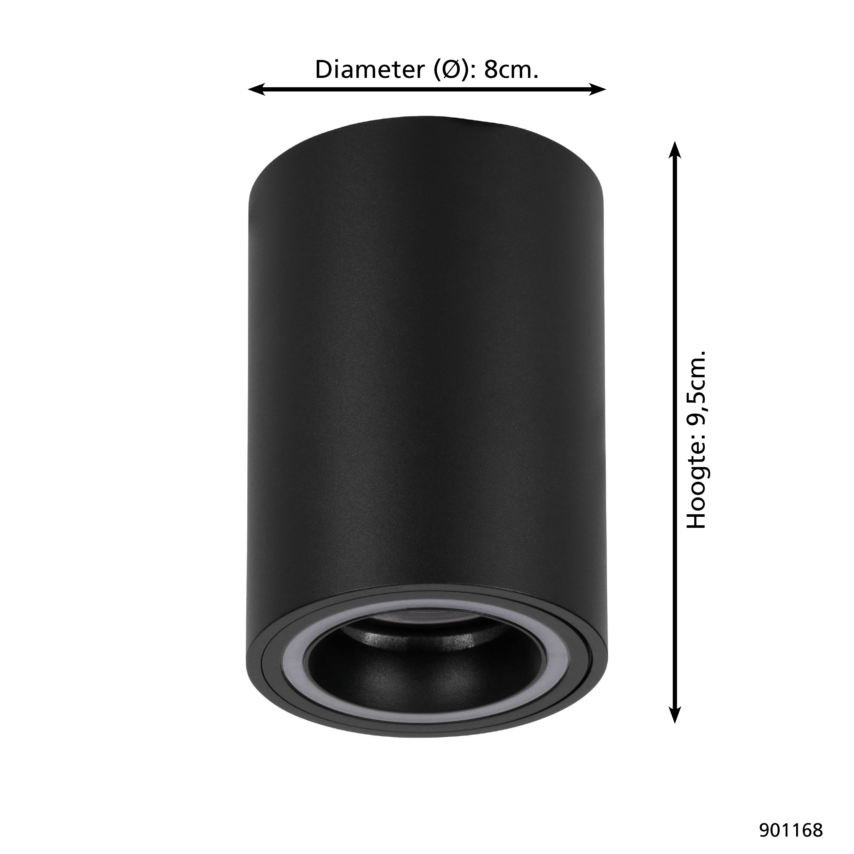 Una lampada cilindrica nera con diametro di 8 cm e altezza di 9,5 cm. Testo indica le misure.