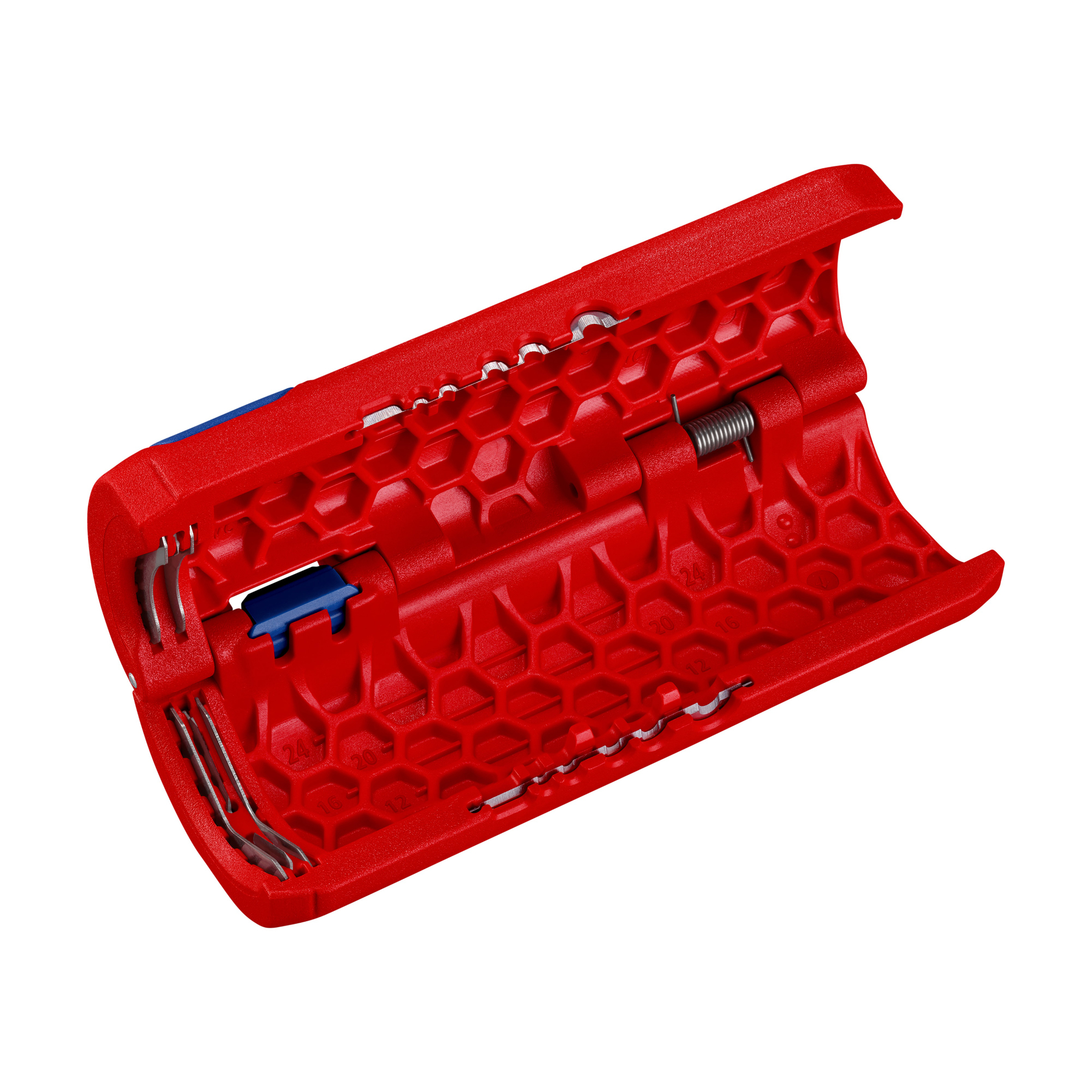 Red and blue wire stripper tool, open. Spring and metal blades visible. Hexagon pattern on surface.