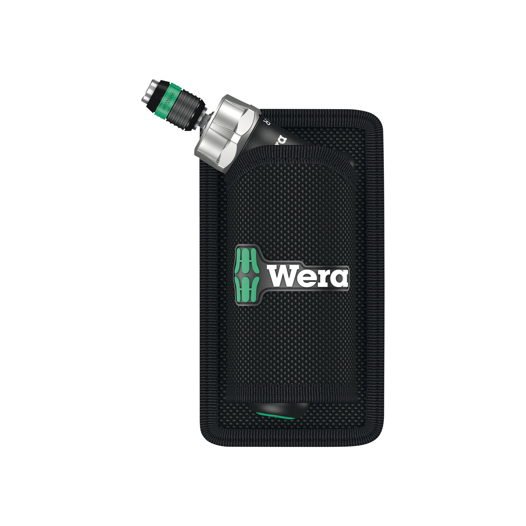 Narzędzie Wera w czarnym etui. Narzędzie ma zielono-srebrną głowicę. Etui ma logo Wera.