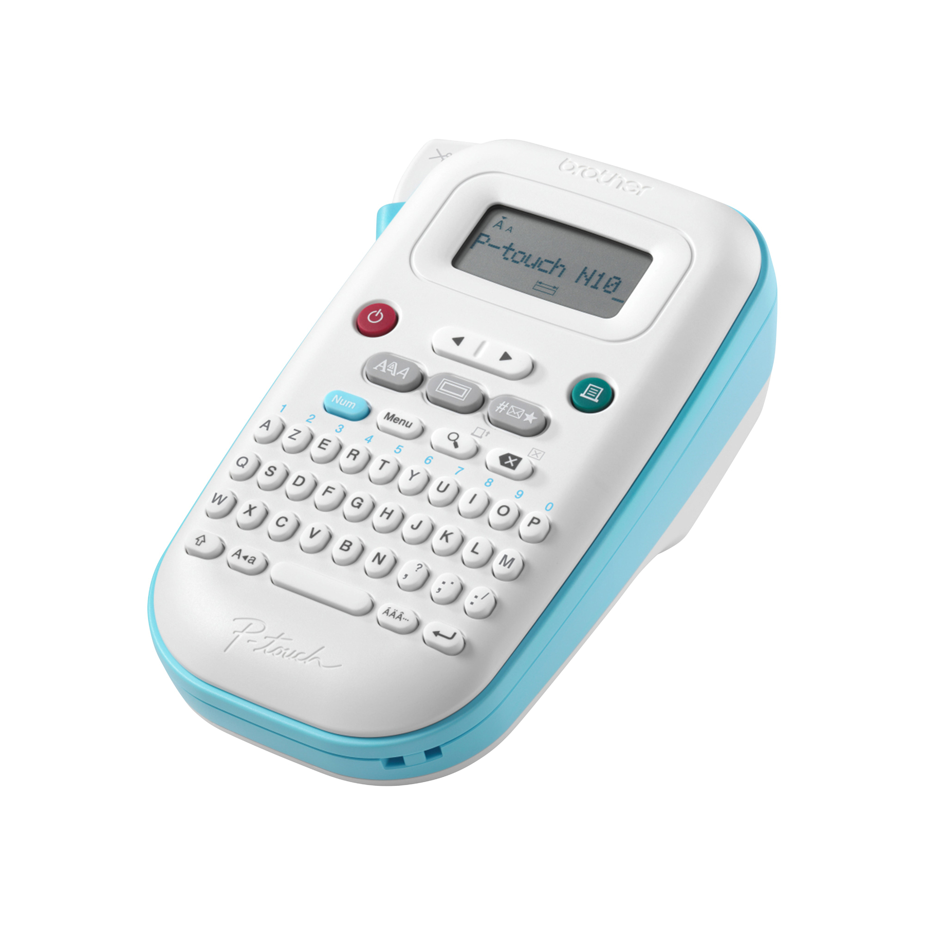 Ein weiß-blaues Brother P-touch N10 Etikettiergerät mit Tastatur und Bildschirm, isoliert auf weißem Hintergrund.