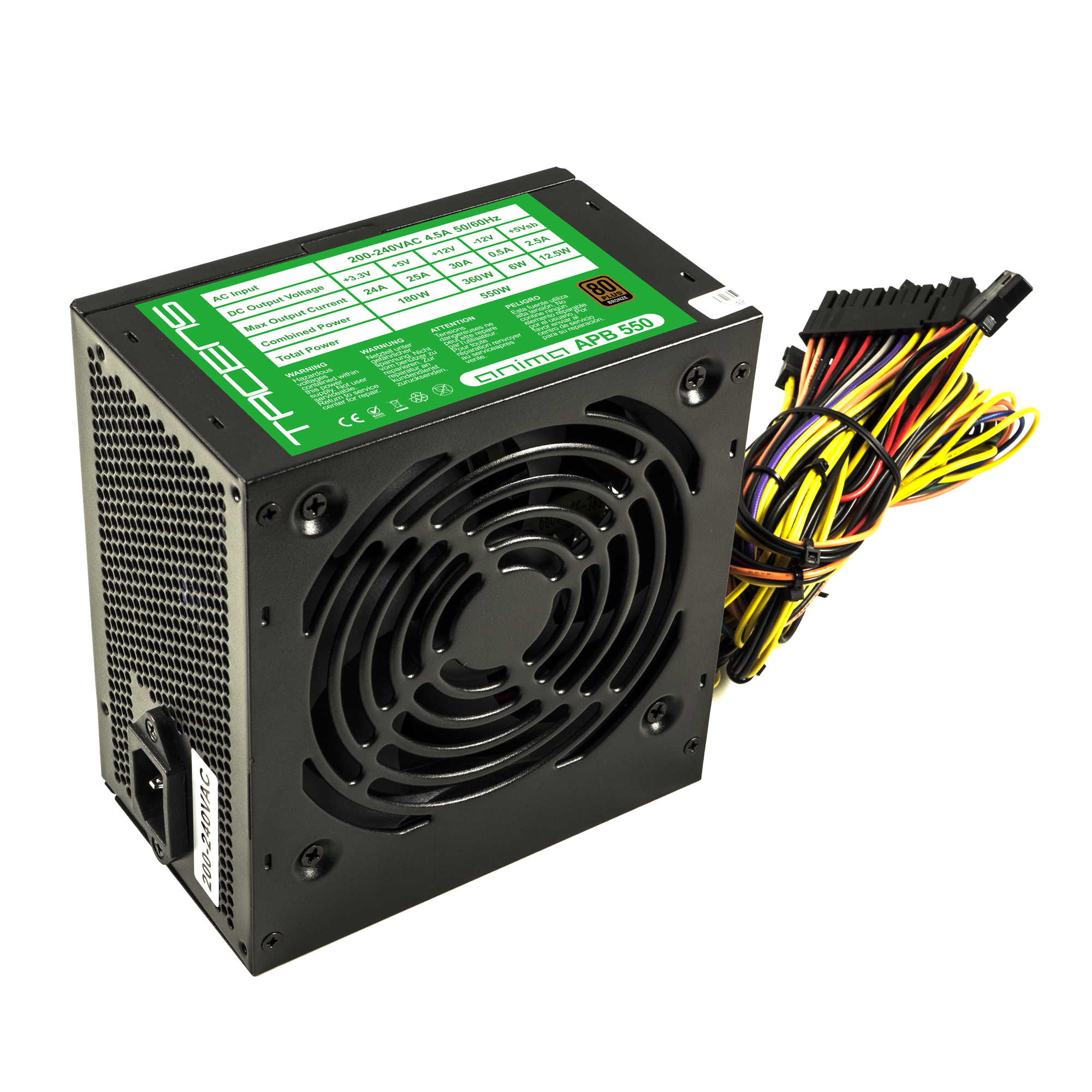Un alimentatore per computer nero con ventola, cavi ed etichetta verde che indica le specifiche.