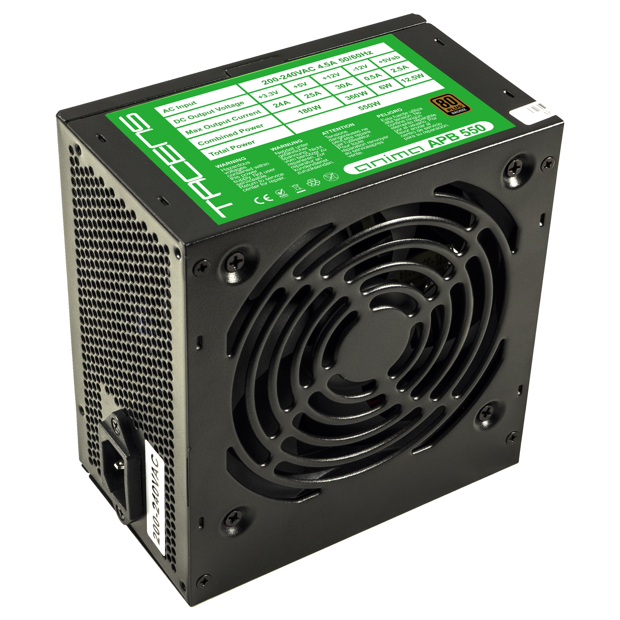 Alimentatore per computer nero con ventola, etichette e testo. Etichette verdi e bianche con testo sono visibili.