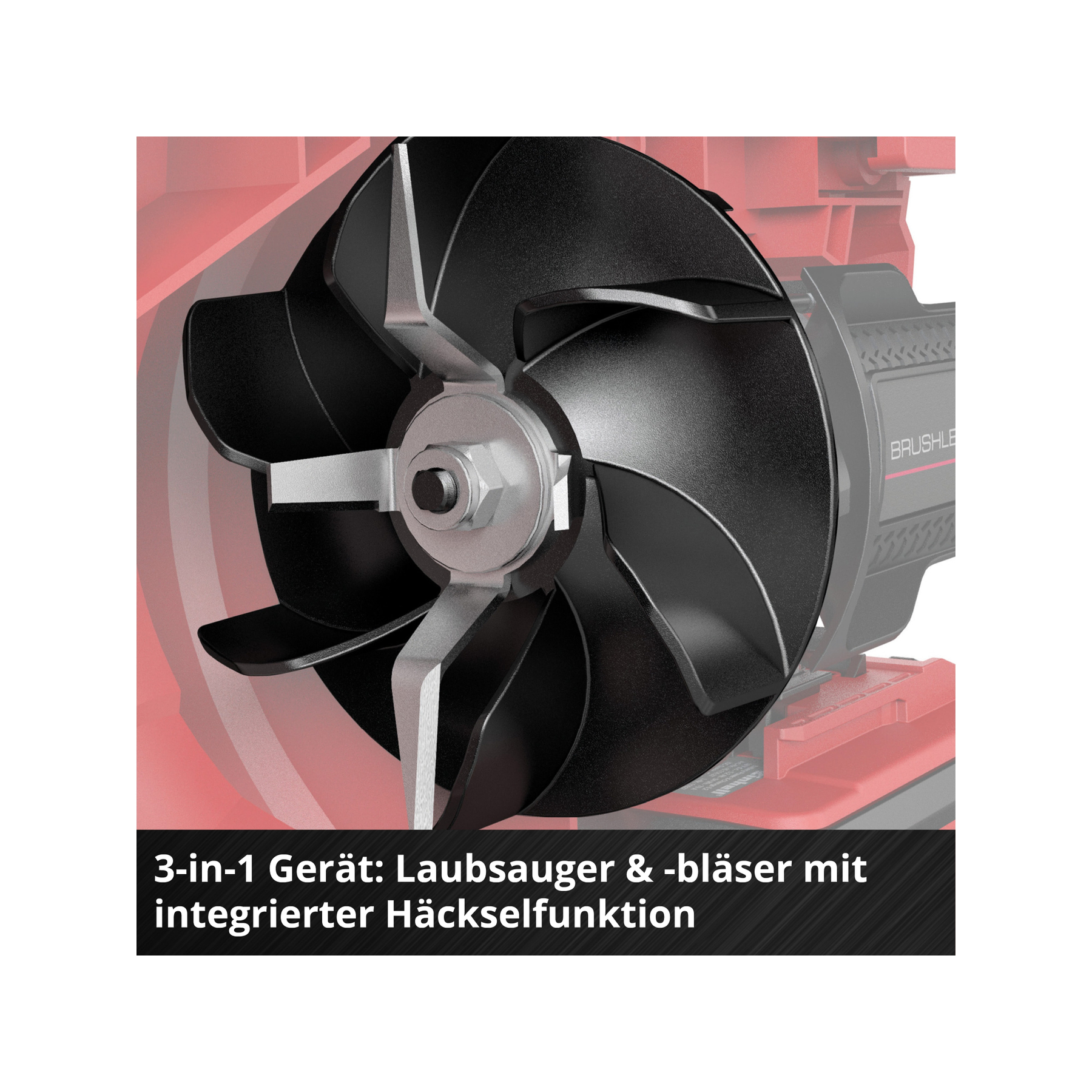 Zbliżenie czarnego wentylatora ze srebrnymi detalami. Tło pokazuje czerwoną część urządzenia i tekst.