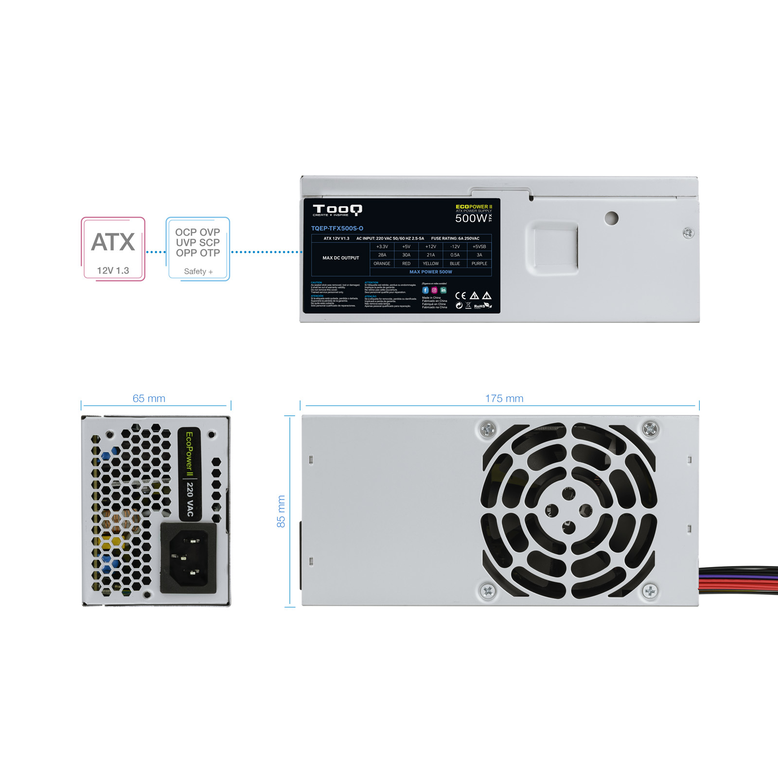 Un alimentatore bianco con dimensioni, etichette e una ventola. Il testo recita 'ECOPOWER II 500W' e 'ATX 12V 1.3'.