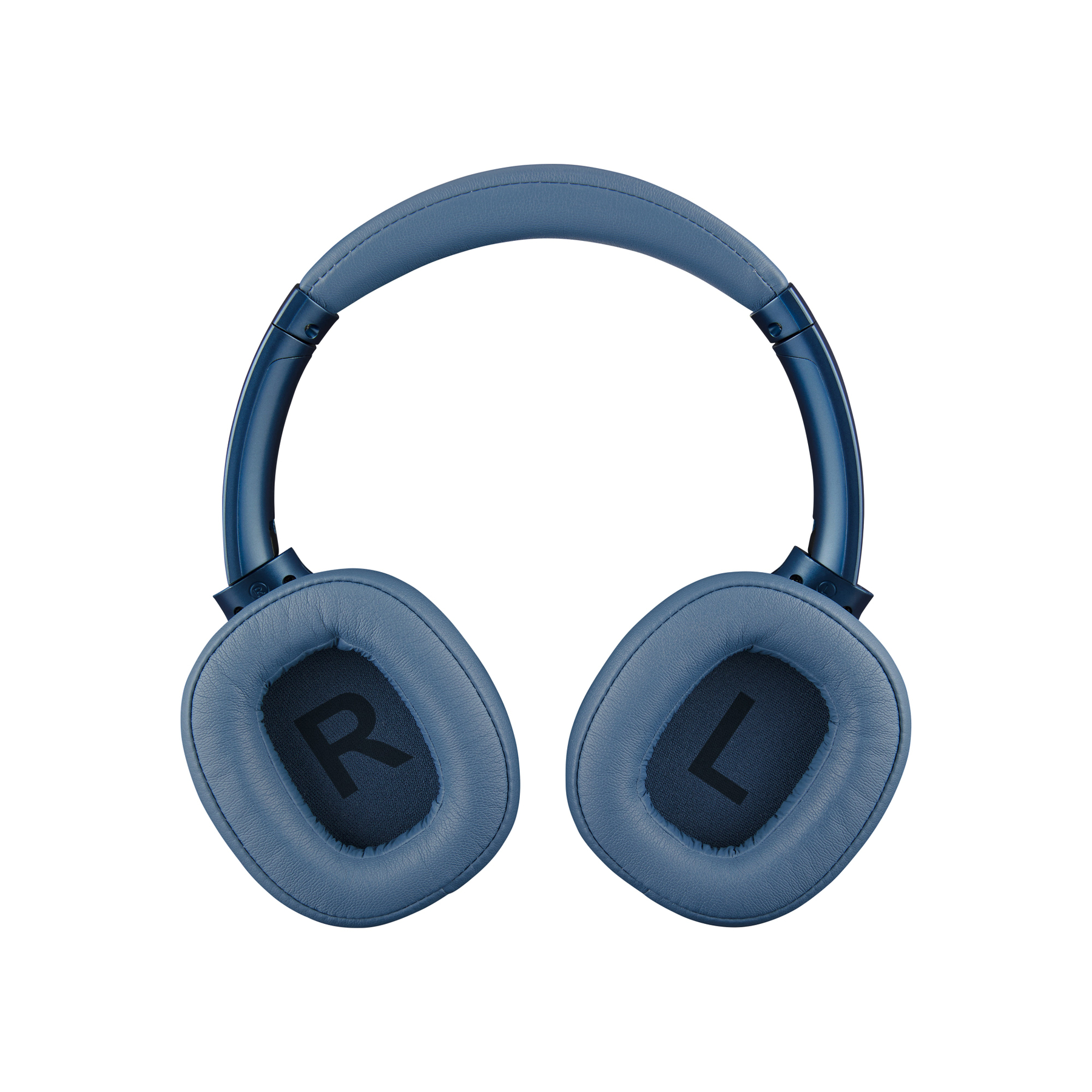 Blaue Kopfhörer auf weißem Hintergrund. Die Ohrmuscheln haben 'L'- und 'R'-Markierungen. Das Design ist modern.