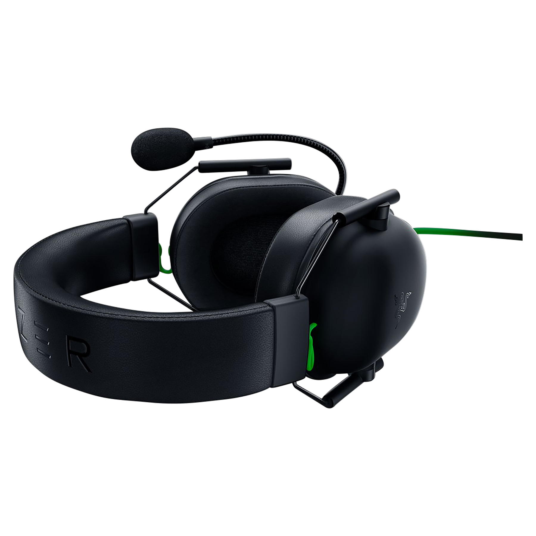 Czarne słuchawki dla graczy Razer z mikrofonem, zielonymi akcentami i logo Razer. Zestaw słuchawkowy na białym tle.