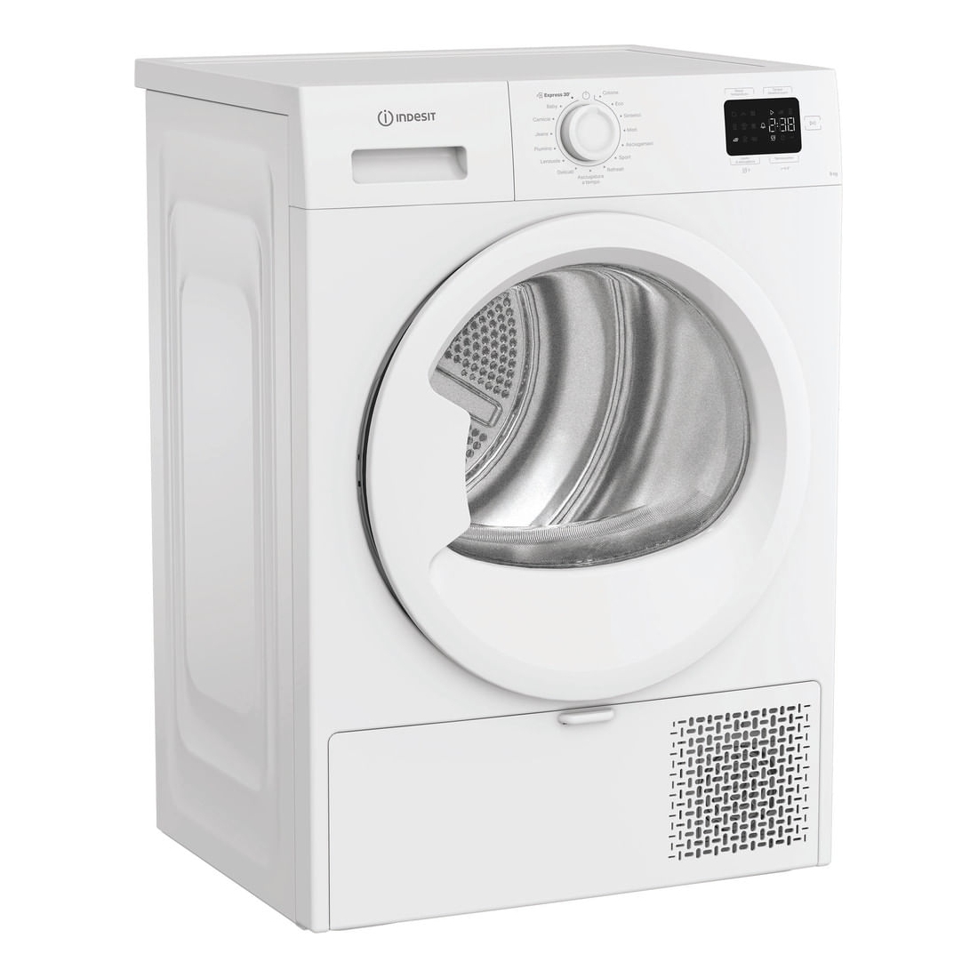 Un'asciugatrice Indesit bianca. Ha una porta rotonda, un pannello comandi e un display digitale.