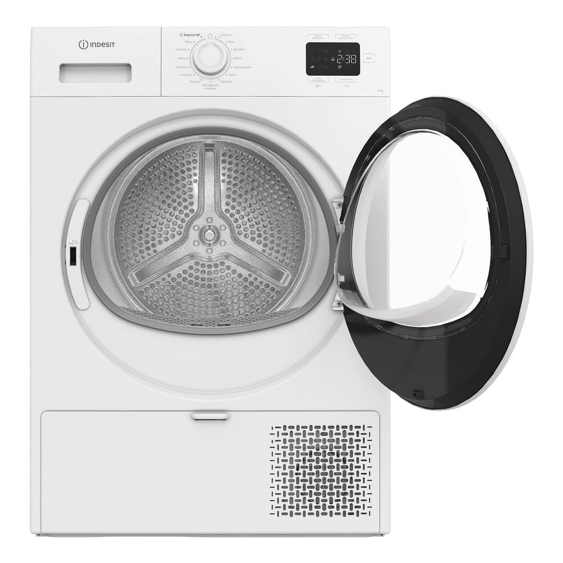 Un'asciugatrice Indesit bianca con la porta aperta. Il cestello è visibile. Pannello di controllo e display in alto. Parte inferiore con ventilazione.