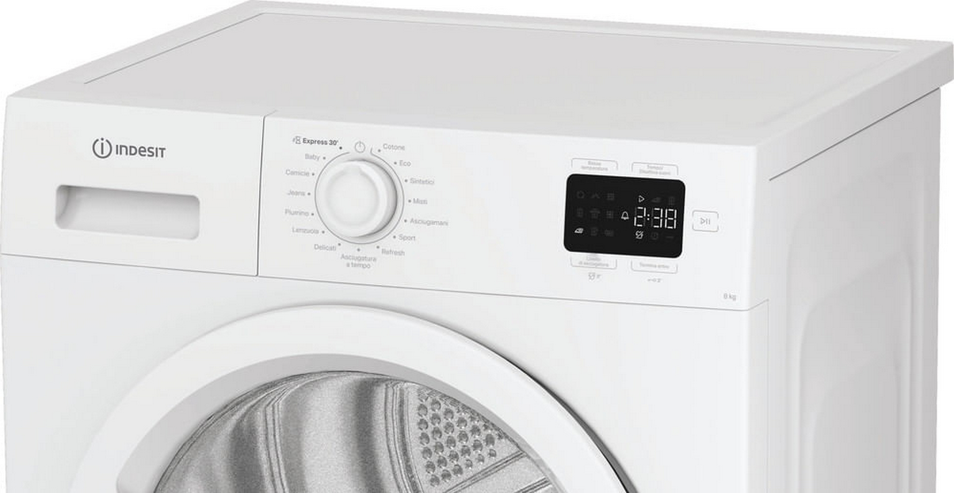 Un'asciugatrice Indesit bianca. Ha un pannello di controllo con display digitale che mostra l'ora. Ha pulsanti e una manopola rotante per le impostazioni.