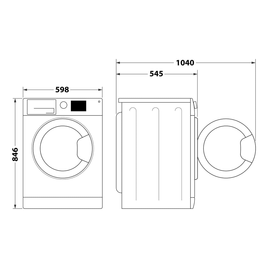 Diagramma di una lavatrice con dimensioni. Viste frontali, laterali e dall'alto mostrano le misure in millimetri per altezza, larghezza e profondità.