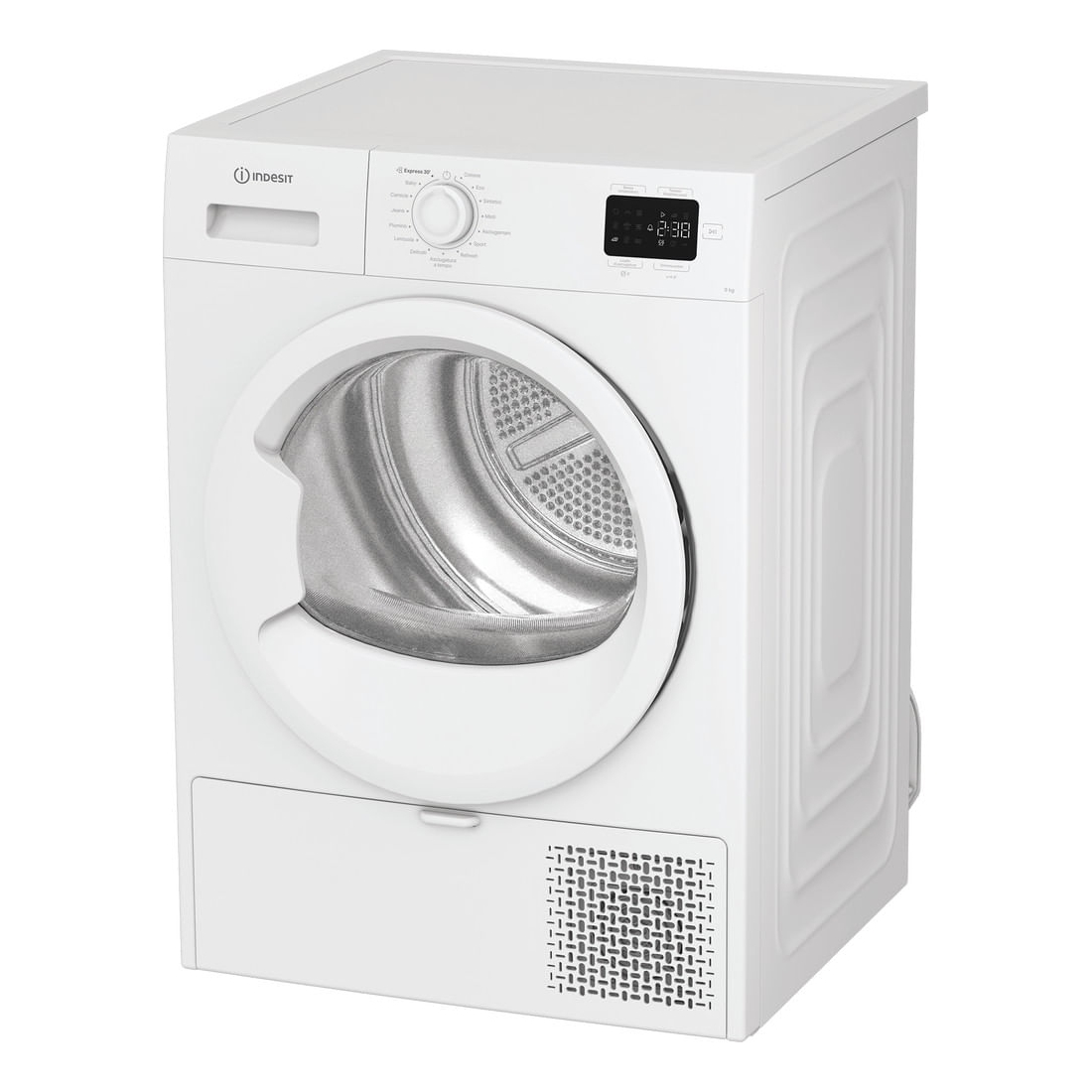 Un'asciugatrice Indesit bianca. Ha una porta rotonda, un pannello di controllo e un display digitale. Il fondo ha uno sfogo.