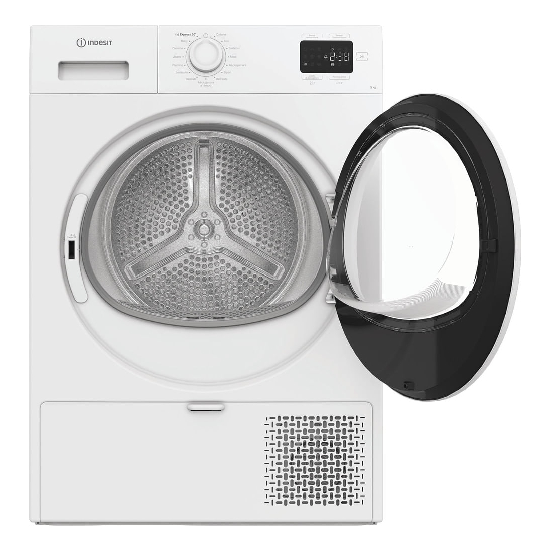 Un'asciugatrice Indesit bianca con la porta aperta. Il cestello è visibile. Pannello di controllo in alto con impostazioni e display. La porta ha un bordo nero.