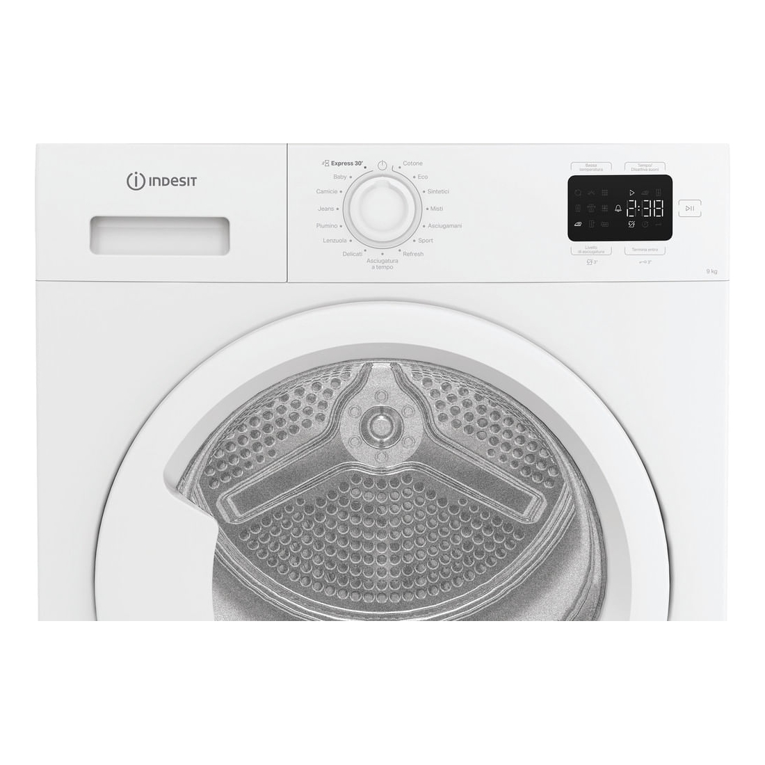 Asciugatrice Indesit bianca. Caratteristiche: selettore programmi, display digitale con tempo e porta.