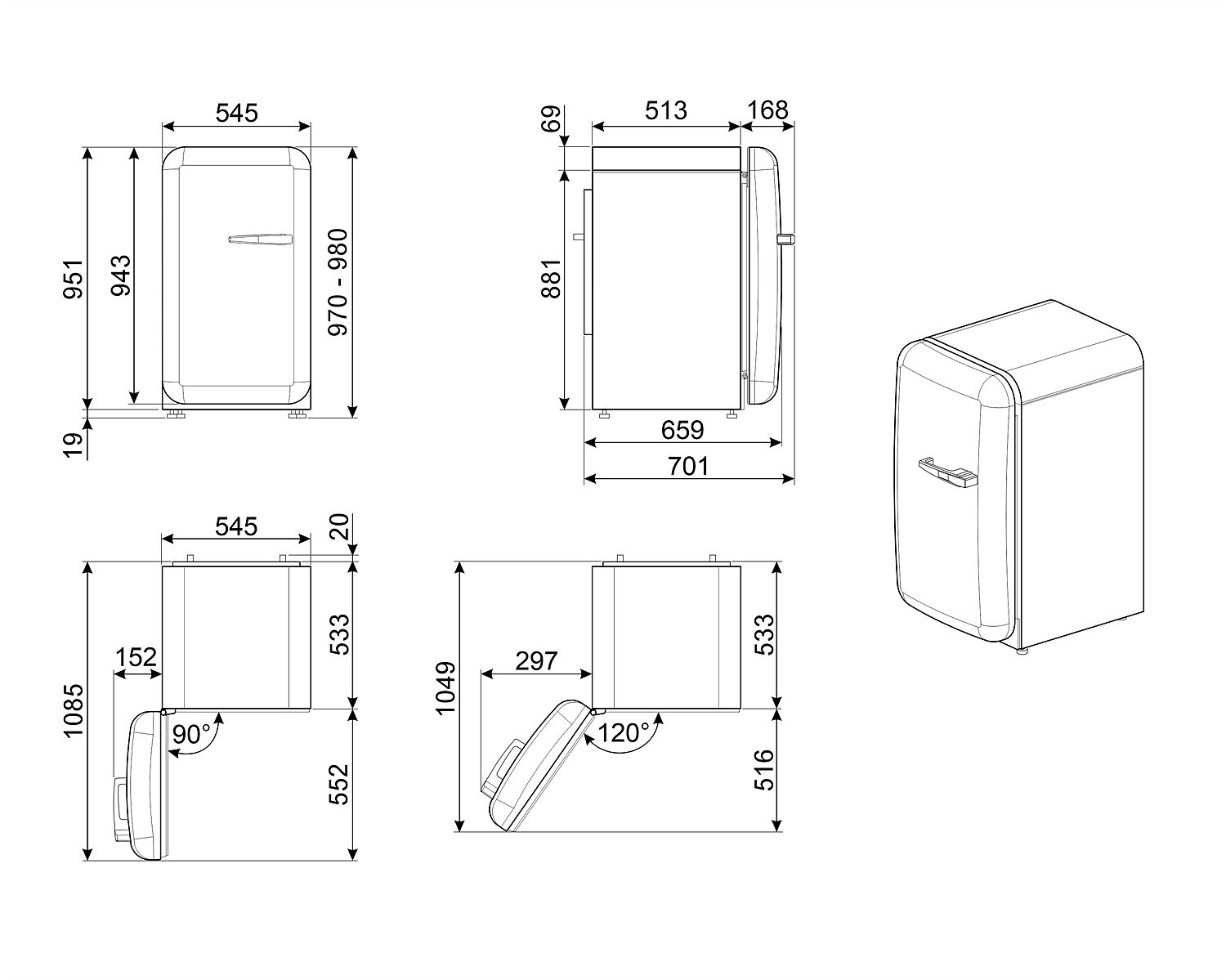 Diagramas de un frigorífico retro con dimensiones en mm. Vistas incluyen frontal, lateral y perspectivas en ángulo, con medidas etiquetadas.
