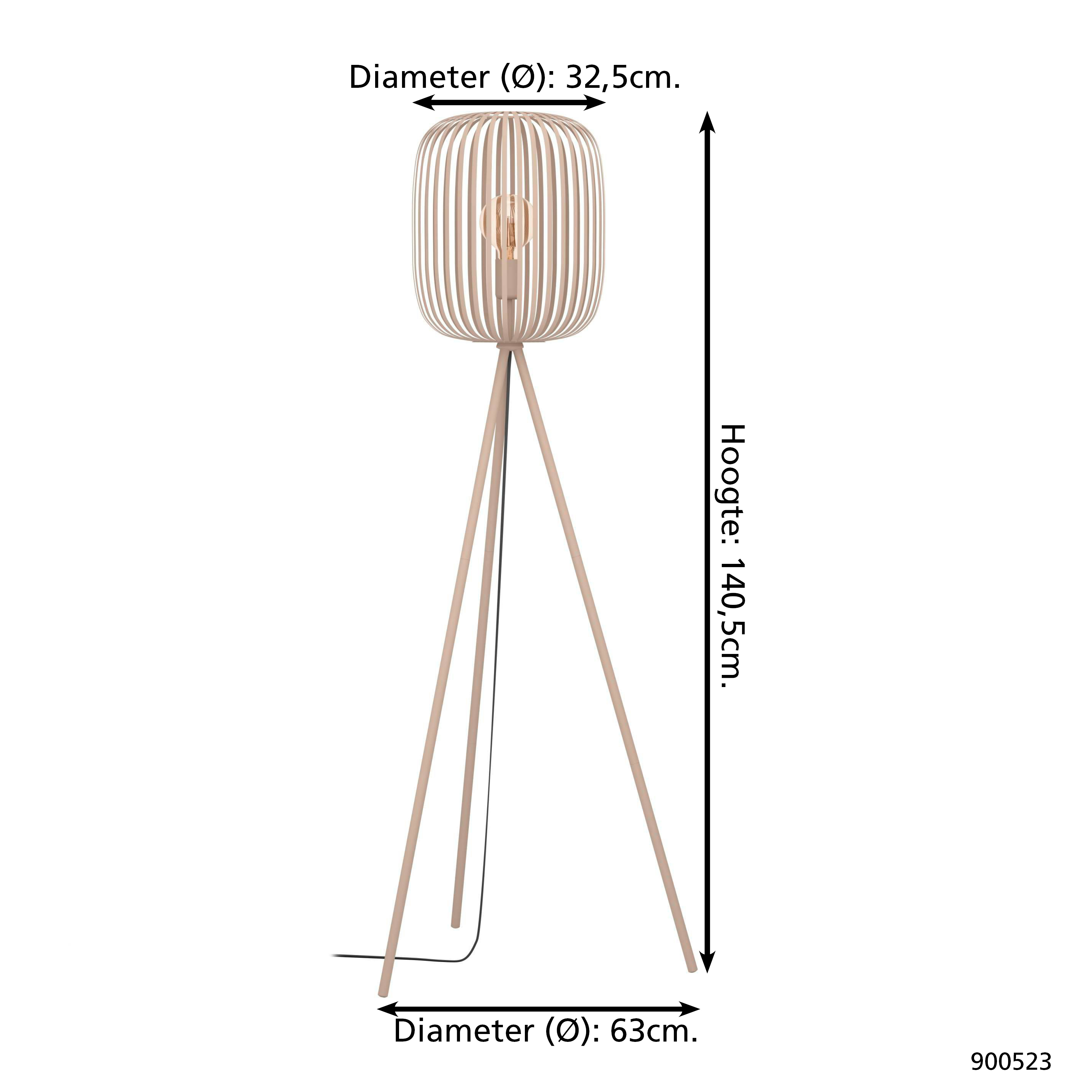 Een houten statief vloerlamp met een beige lampenkap en een zichtbare gloeilamp. Afmetingen worden weergegeven.