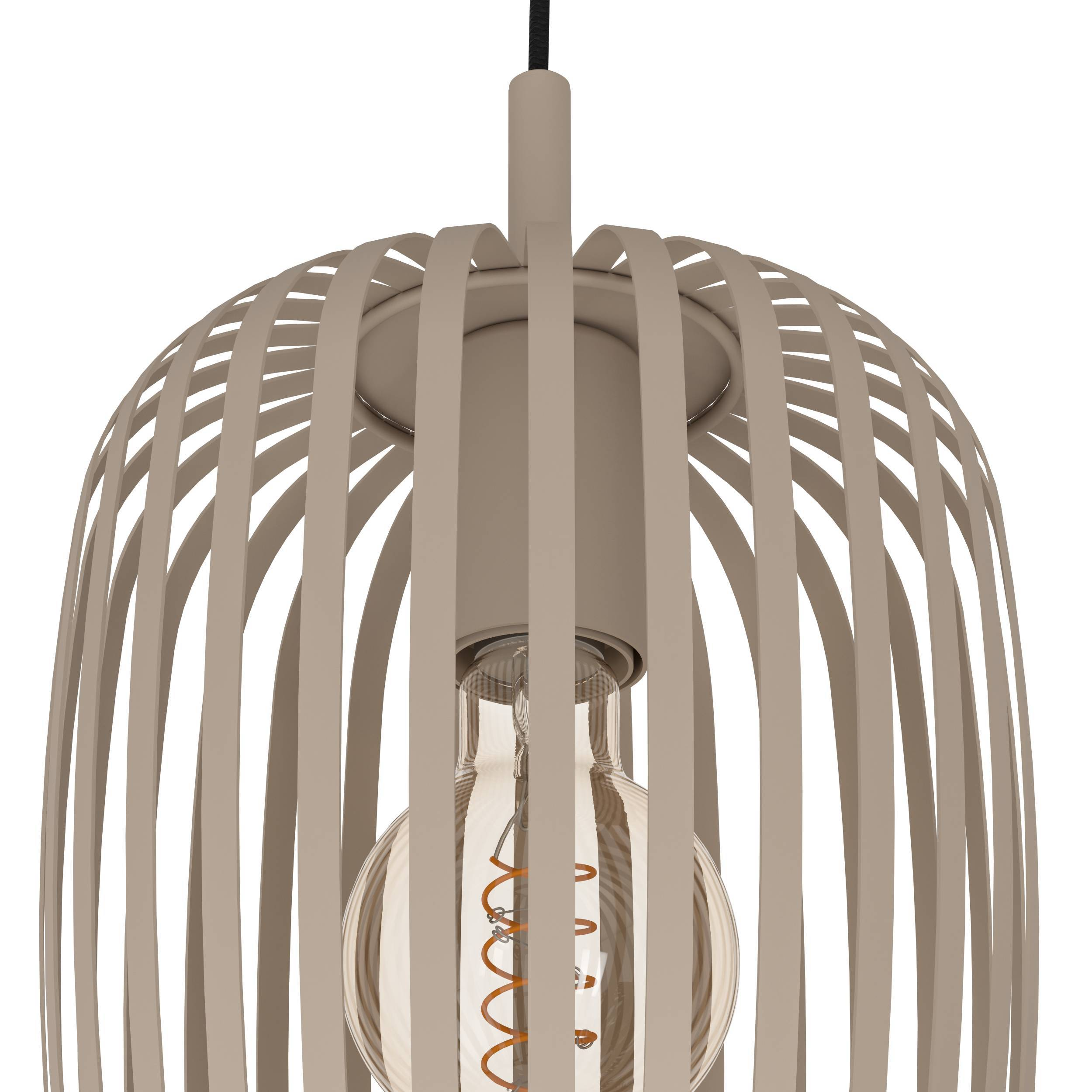 Een beige hanglamp met een kooivormige kap. Een Edison-lamp is zichtbaar binnenin.