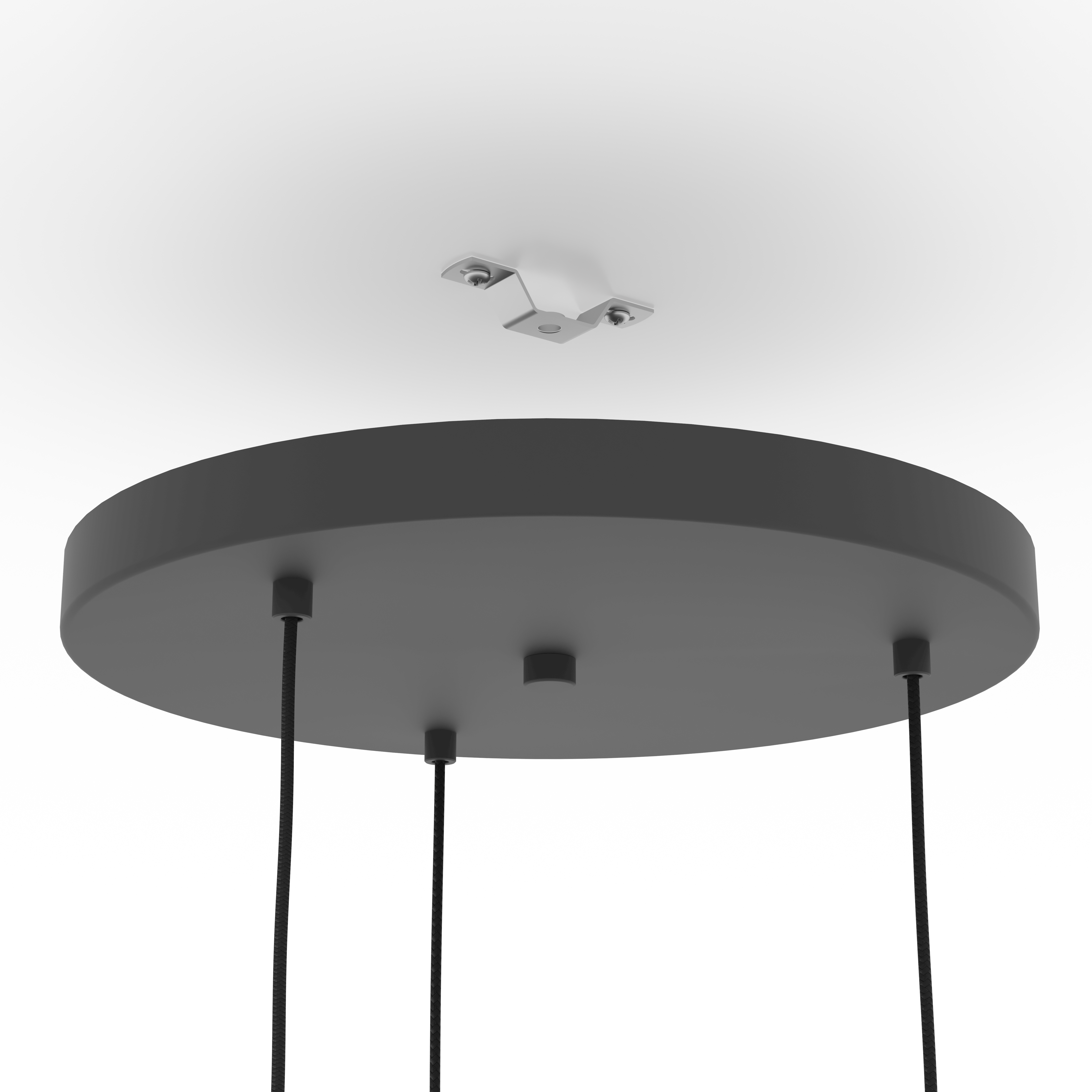 Een plafondarmatuur met een zwarte cirkelvormige basis en drie hangende snoeren. Boven is een witte montagebeugel.