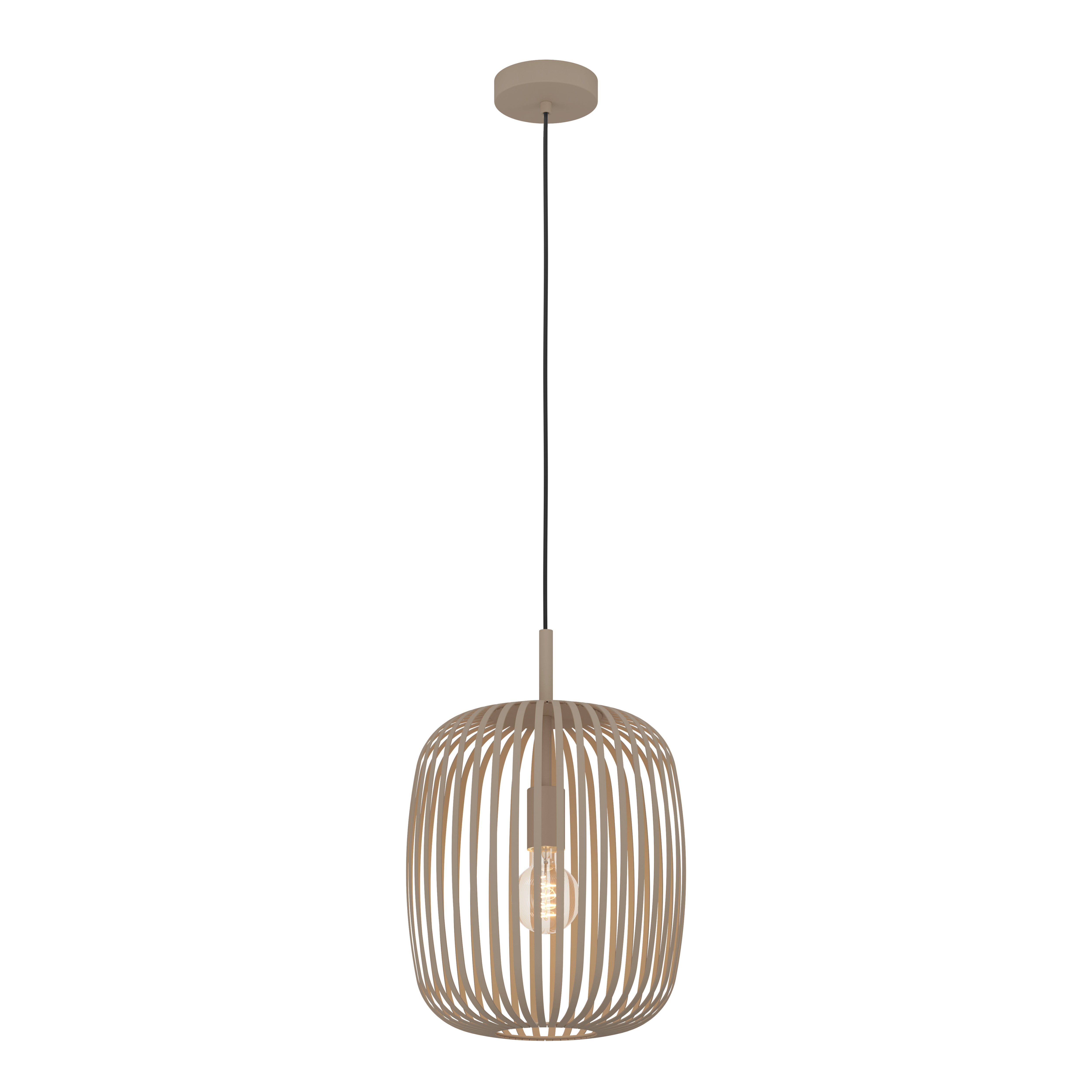 Een beige hanglamp hangt aan het plafond. De lampenkap is een kooi met verticale staven, en een gloeilamp is zichtbaar.