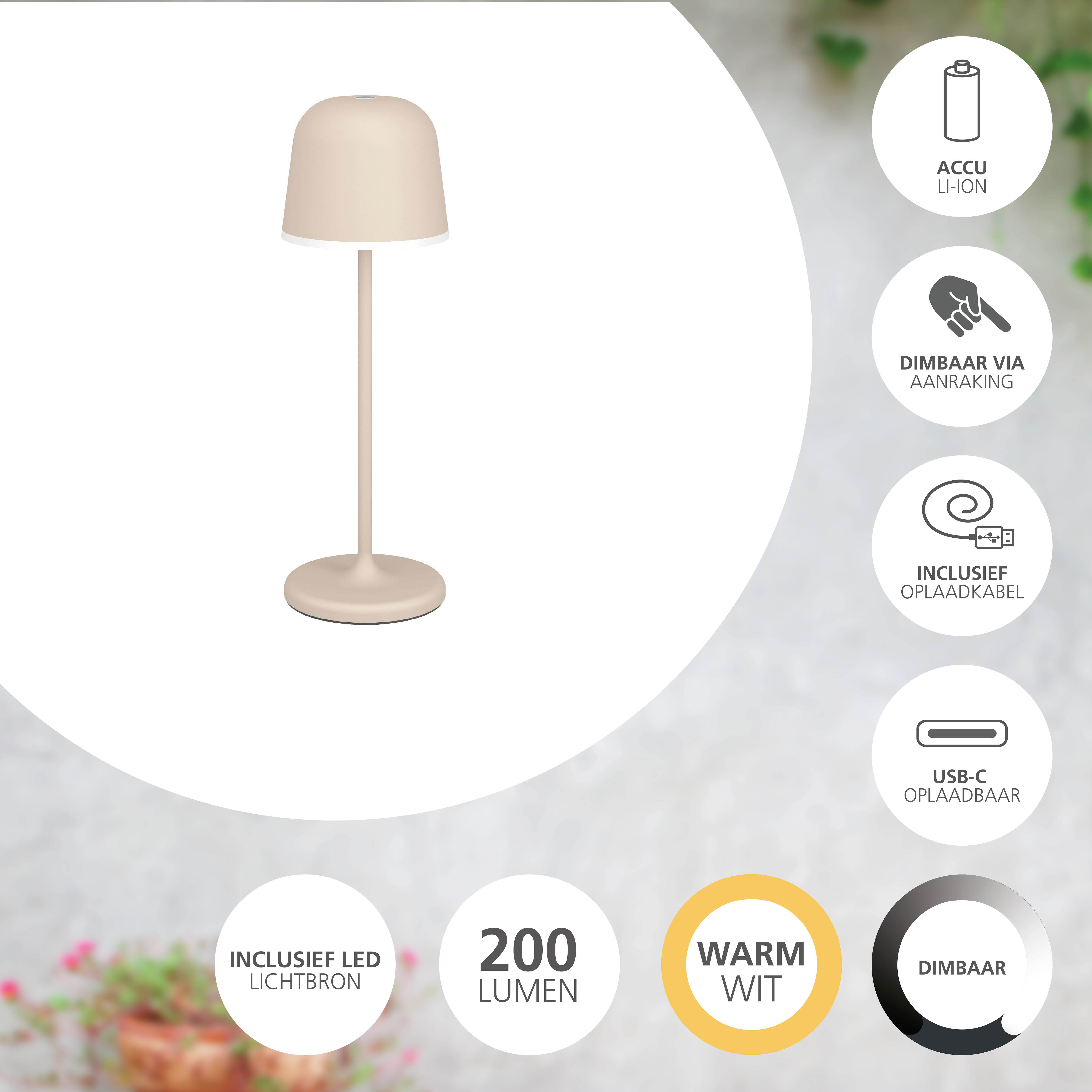 Eine beige Tischlampe mit rundem Schirm steht auf weißem Hintergrund. Merkmale sind dimmbar, LED und USB-C-Aufladung.