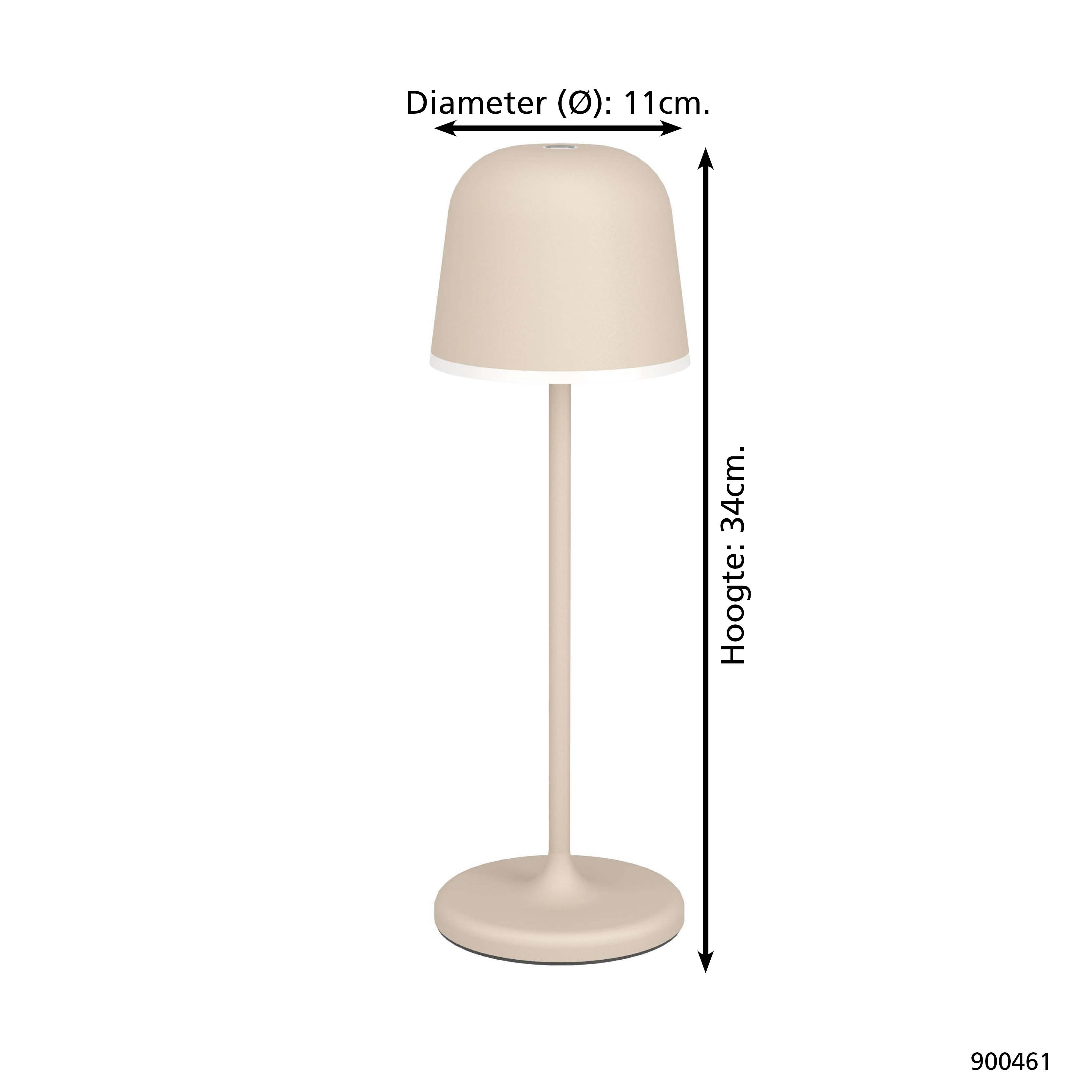 Auf weißem Hintergrund ist eine beige Lampe abgebildet. Sie hat einen runden Fuß, einen Stiel und einen Lampenschirm. Der Durchmesser beträgt 11 cm, die Höhe 34 cm.