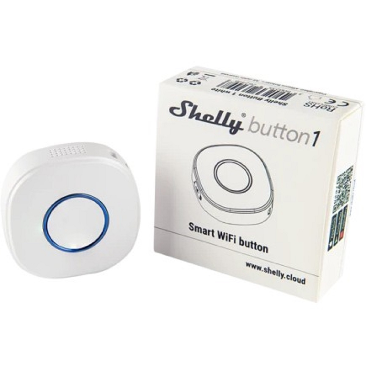 Beyaz akıllı WiFi düğmesi ve kutusu. Düğme, mavi bir halka ile yuvarlaktır. Kutuda 'Shelly button1' yazıyor.