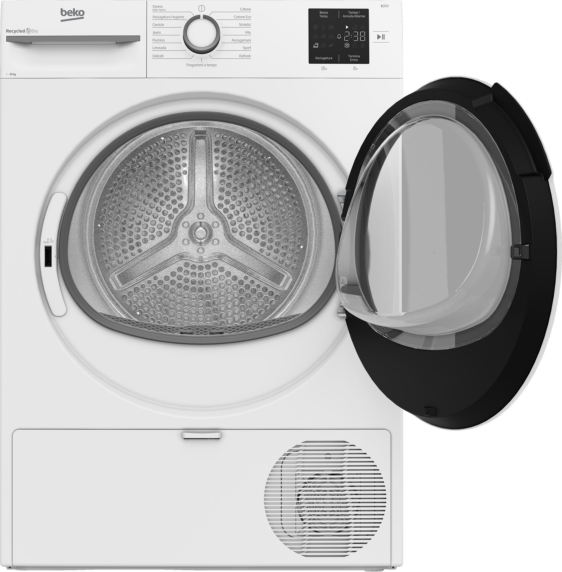 Asciugatrice Beko bianca con porta aperta. Pannello comandi in alto, display digitale mostra l'ora.