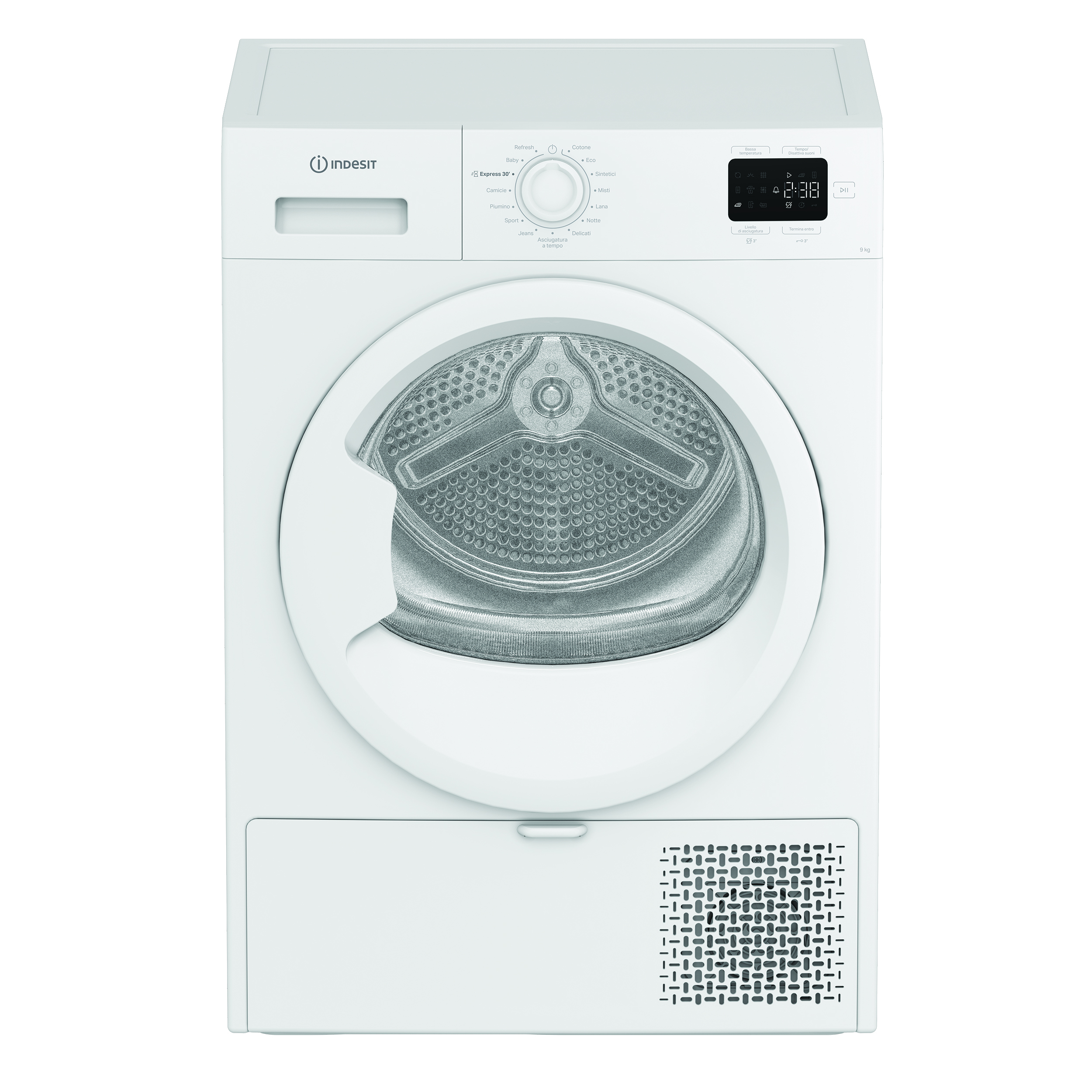 Un'asciugatrice Indesit bianca. Ha un pannello di controllo con pulsanti e un display digitale e una porta con dettaglio a rete.