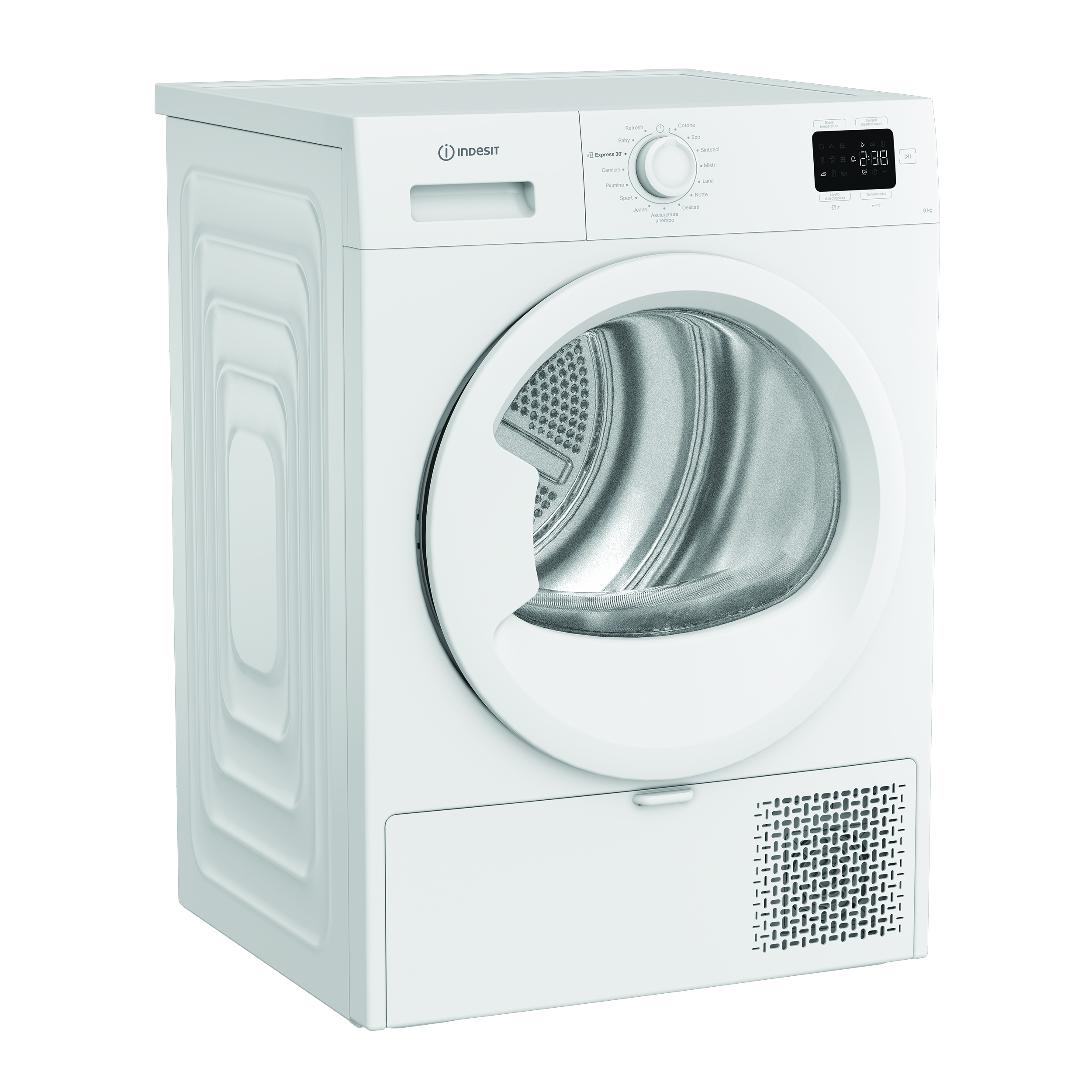 Asciugatrice Indesit bianca. Ha una porta rotonda, un pannello di controllo con pulsanti e un display digitale. Il lato è scanalato.