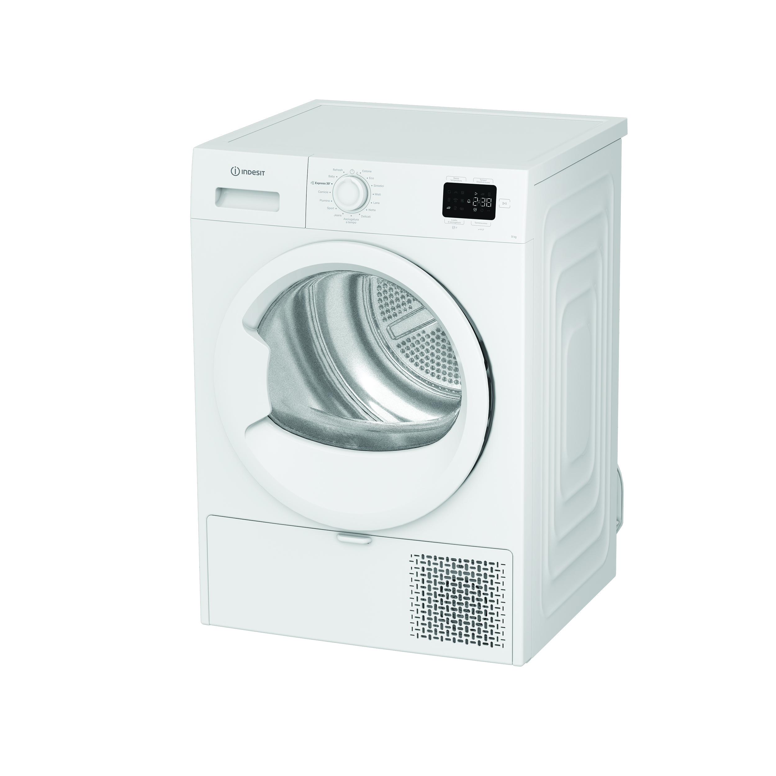Un'asciugatrice Indesit bianca. Ha una porta rotonda, un pannello di controllo e un display digitale. La parte inferiore ha uno sfiato.